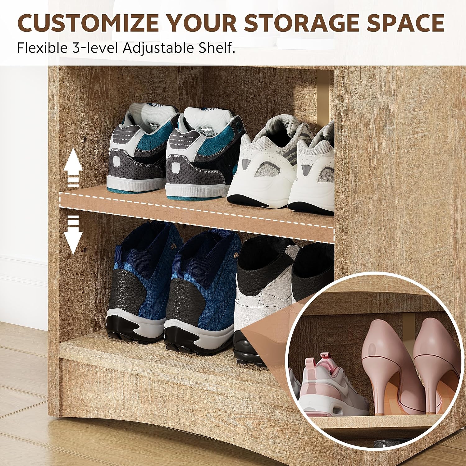 Tall Shoe Cabinet, 8 Tiers 16 Pairs Wooden Shoe Rack with Adjustable Shelf, Freestanding Shoe Closet Shoes Organizer Cabinet for Entryway, Hallway, Living Room, Natural