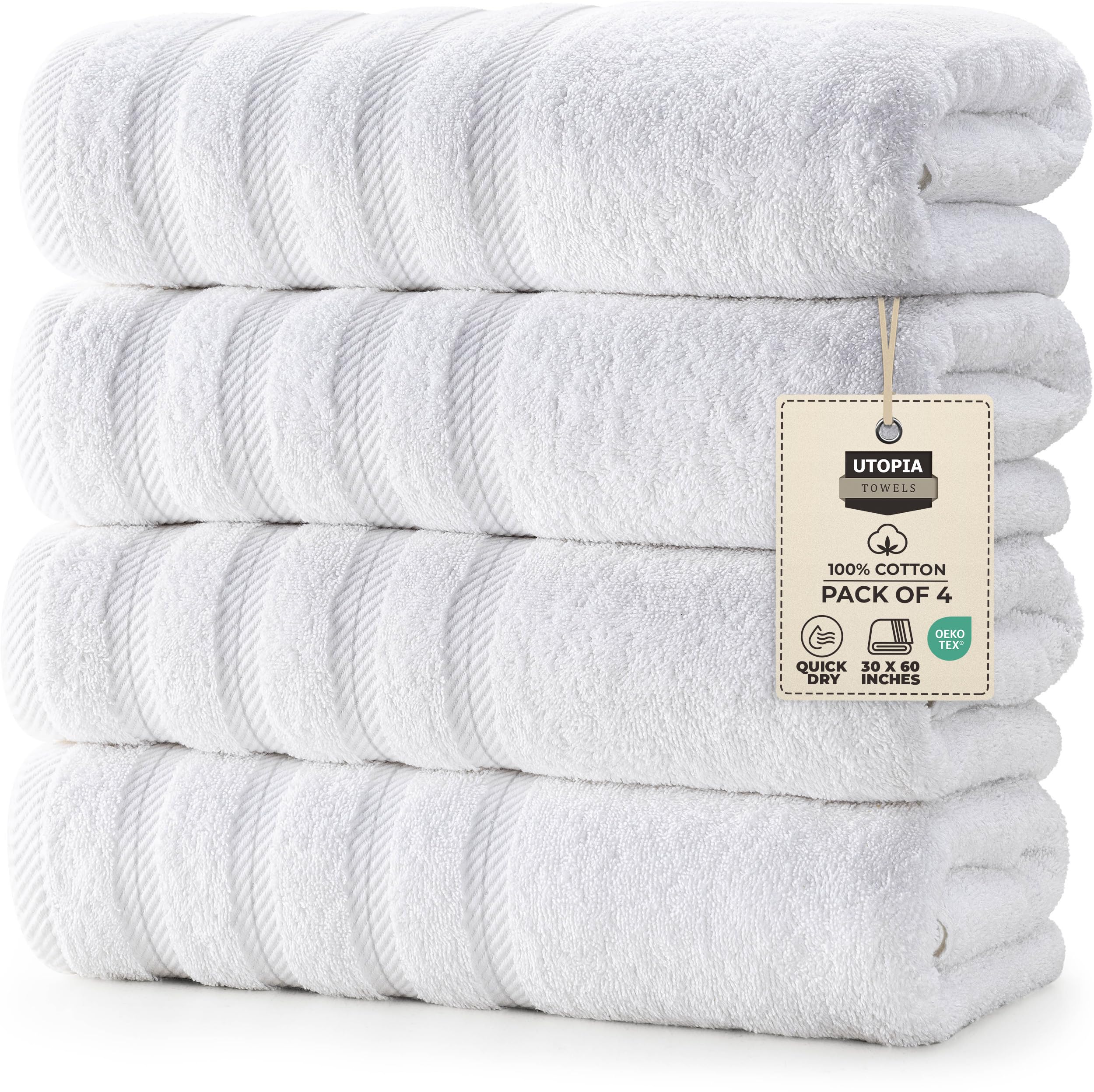 Towels 4 Pack Premium Extra Large Bath Towels Set, (30 x 60 Inches) 100% Ring Spun Cotton 500GSM, Lightweight and Highly Absorbent Quick Drying Towels, Perfect for Daily Use (White)