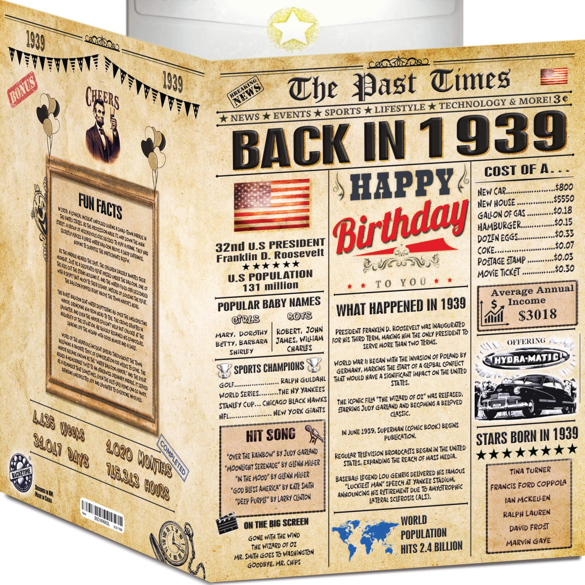 87th Birthday Card for Women Men- Back In 1939 Card - 87th HAPPY BIRTHDAY cards for Him Her - Vintage 87th birthday gifts JUMBO size 87th birthday