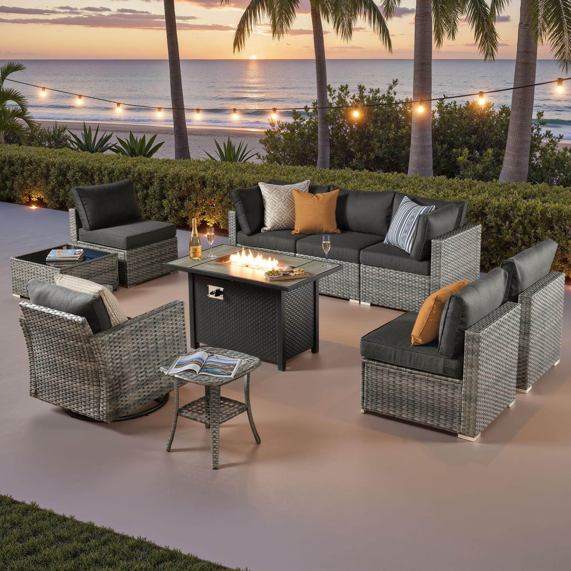 ovios 10 Piece Outdoor Patio Furniture Set with Fire Pit Table,Conversation Sectional Wicker Couch with Swivel Chairs,Modern Outside Sofa for Balcony
