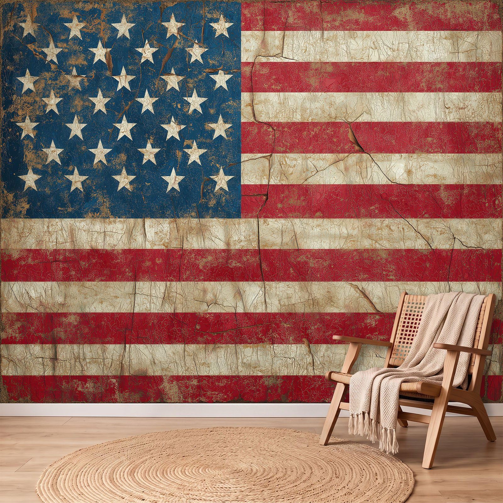 Papier Peint Panoramique 250 x 175 cm, Papier Peint Vintage Usé Drapeau Étoiles Rayures Drapeau Américain, Fresque Murale Intissée – Décoration Murale Pour Salon, Chambre, Bureau
