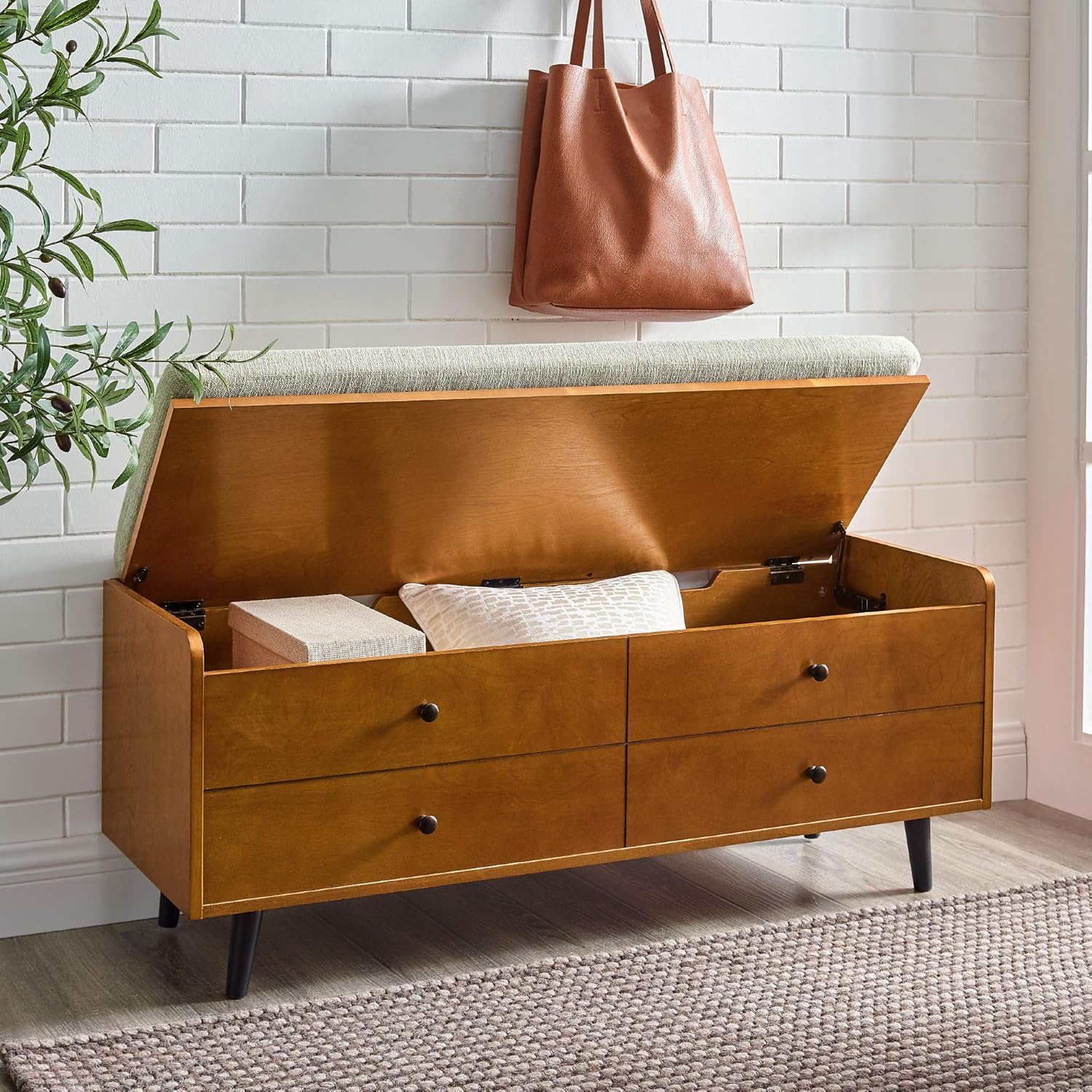 Walker Edison Mid Century Modern Wood Entryway Bench with Cushion Hallway Mudroom Metal Bedroom Bench Ottoman, 46 Inch, Acorn : Everything Else
