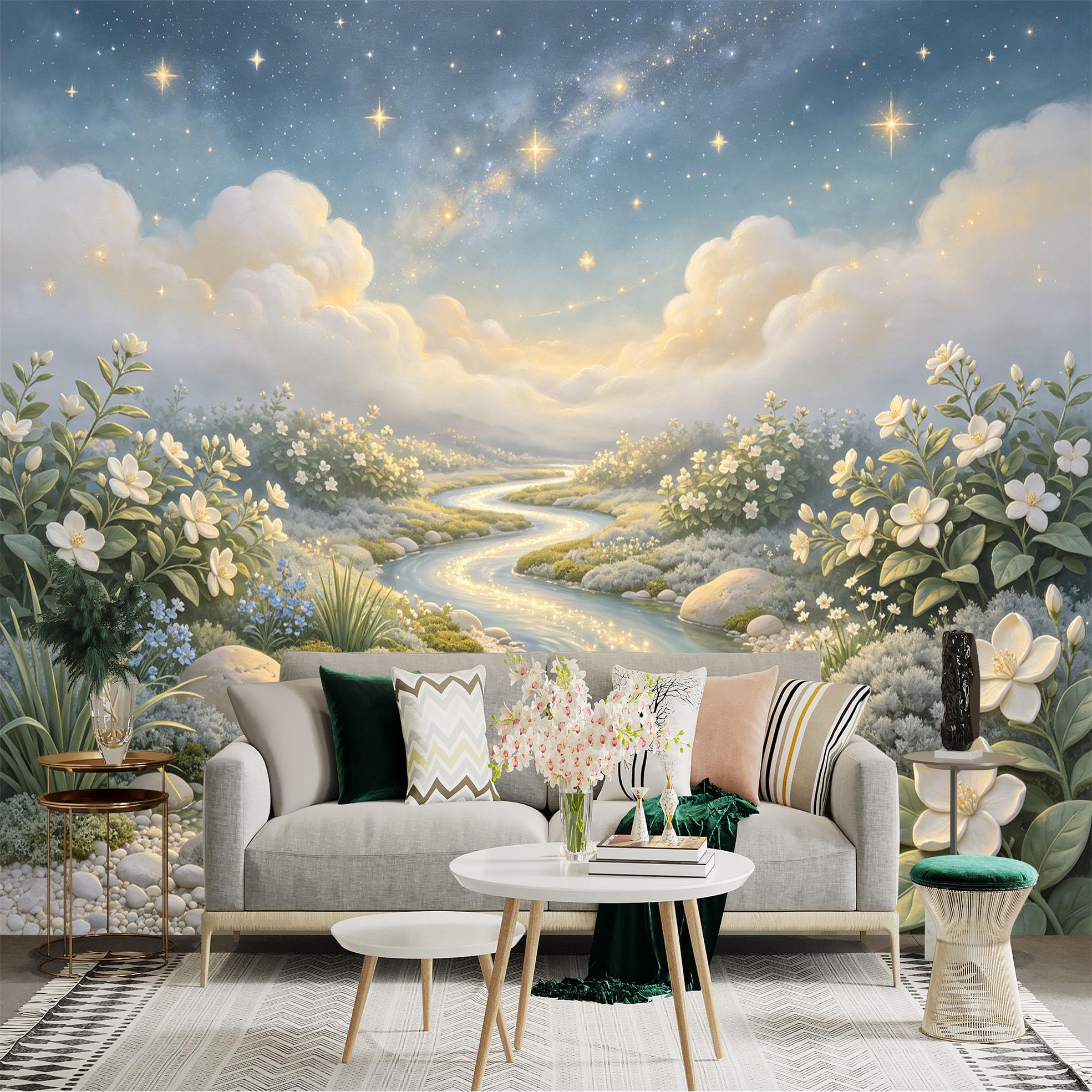 Lnzczhyre Bh260719572 Custom Size Wall Sticker Mural， Dreamy River Landscape With Glowing Flowers， Starry Night Sky And Soft Clouds， For Wall Decoration， Peelandstick Wall Decals.