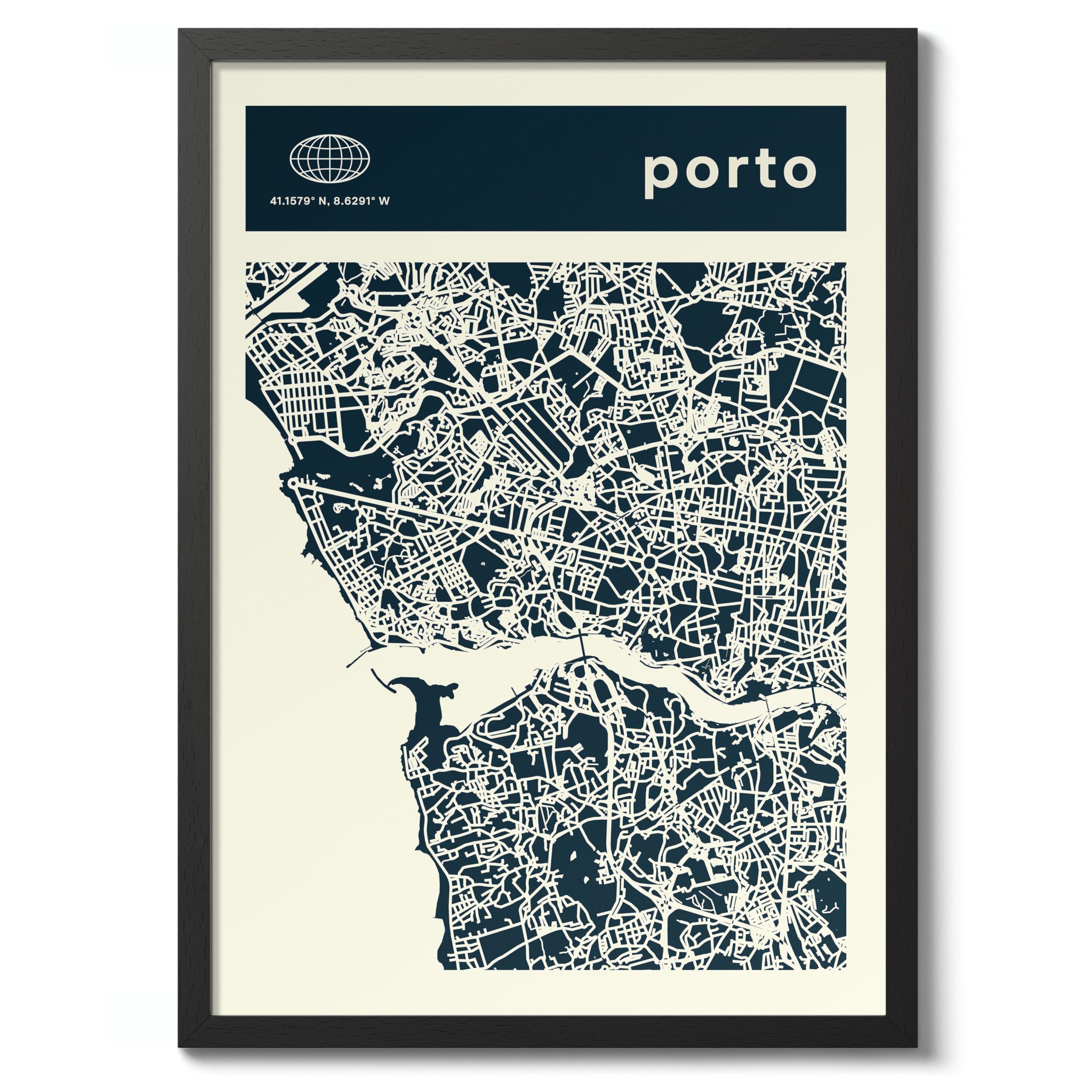 Porto Minimalist City Maps Poster, City Coordinates Print, Landmark Apartment Home Decor, A3 (Black Frame) - 45x32.8cm