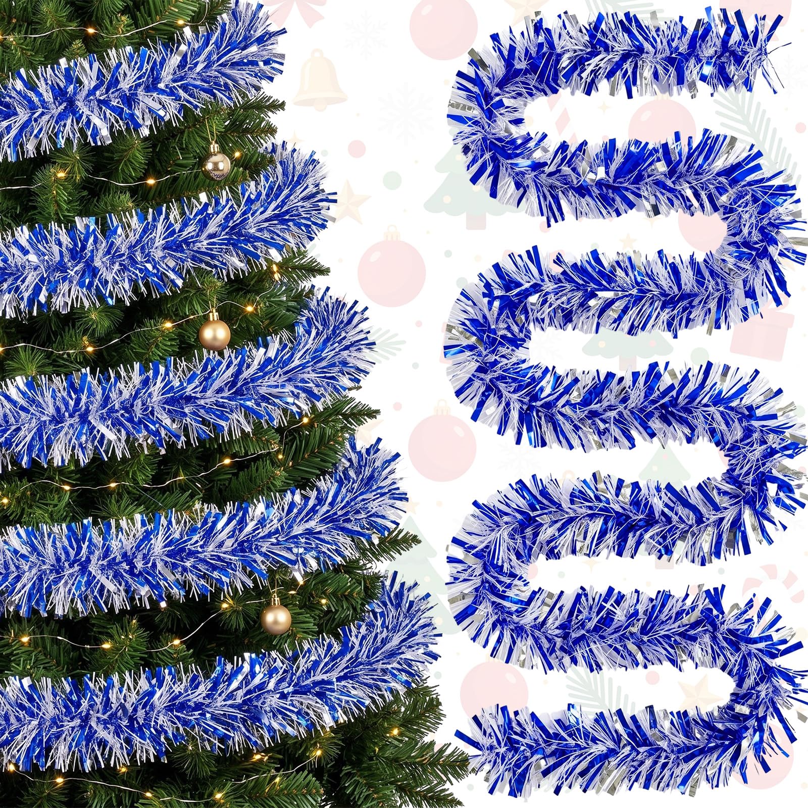 177 Feet Christmas Tinsel Garland Metallic Shiny Hanging Christmas Tree Tinsel Garland Ornaments for Indoor Outdoor Party Wedding Holiday(Deep Blue, White, Silver)
