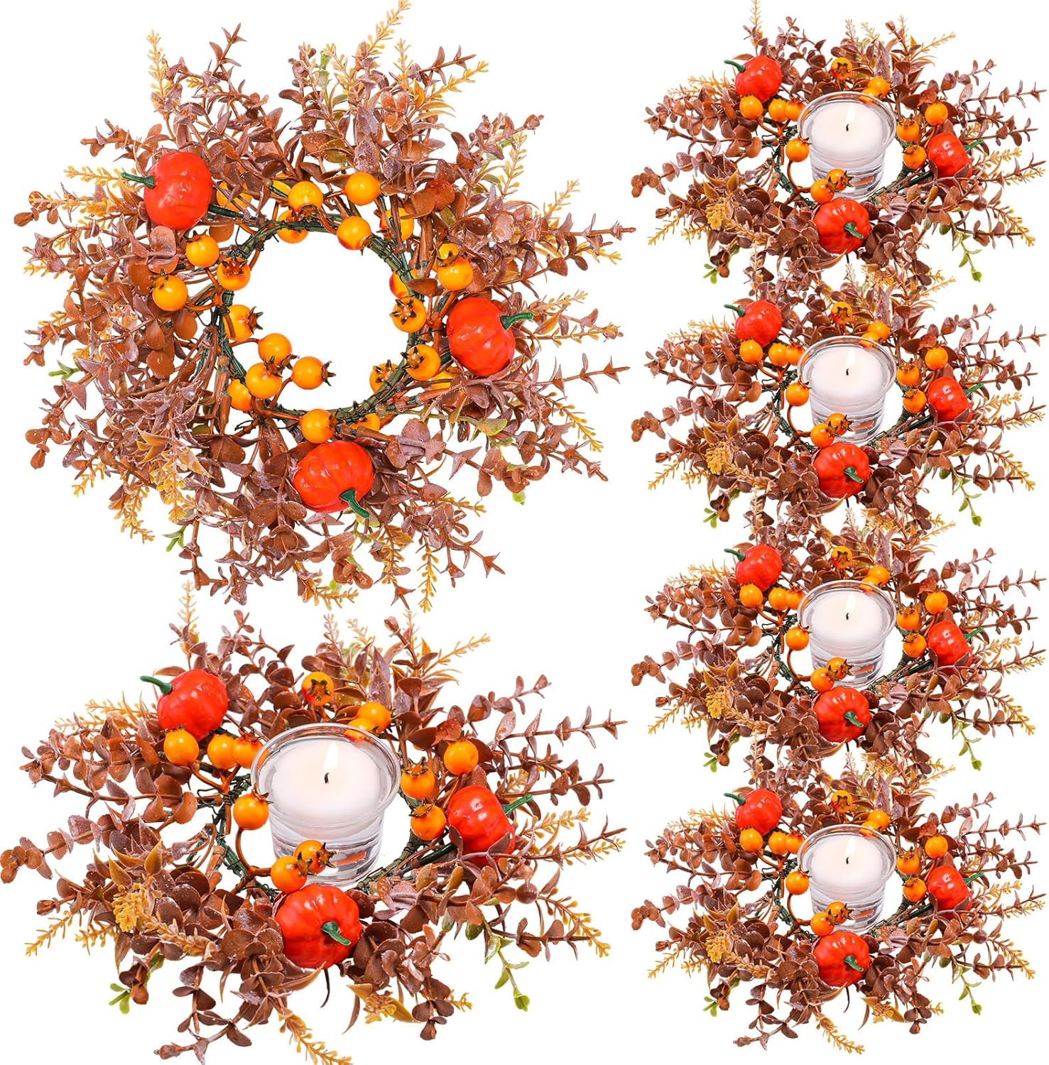 hotop 6 pcs fall candle rings wreaths decorative artificial small fall wreaths autumn candle holders rattan garland for thanksgiving halloween wedding parties decoration(pumpkin lavender)