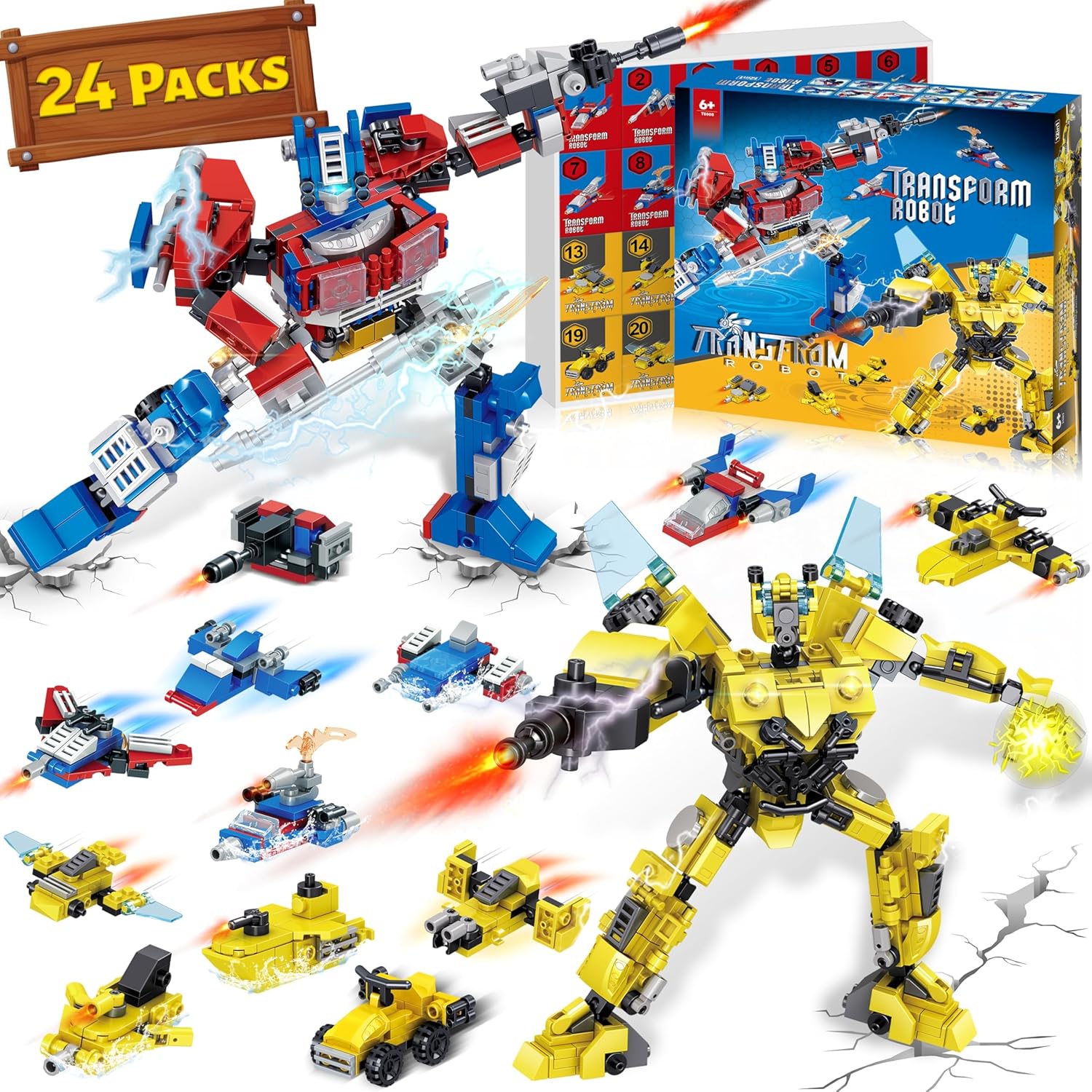 24 Packs Party Favors for Kids - Transform Robot Building Blocks, 12-in-1 Creative Action Mech Toy Building Set for Classroom Prizes Goodie Bags Stuffers for Kids, Children's Day Gifts for Boys Girls