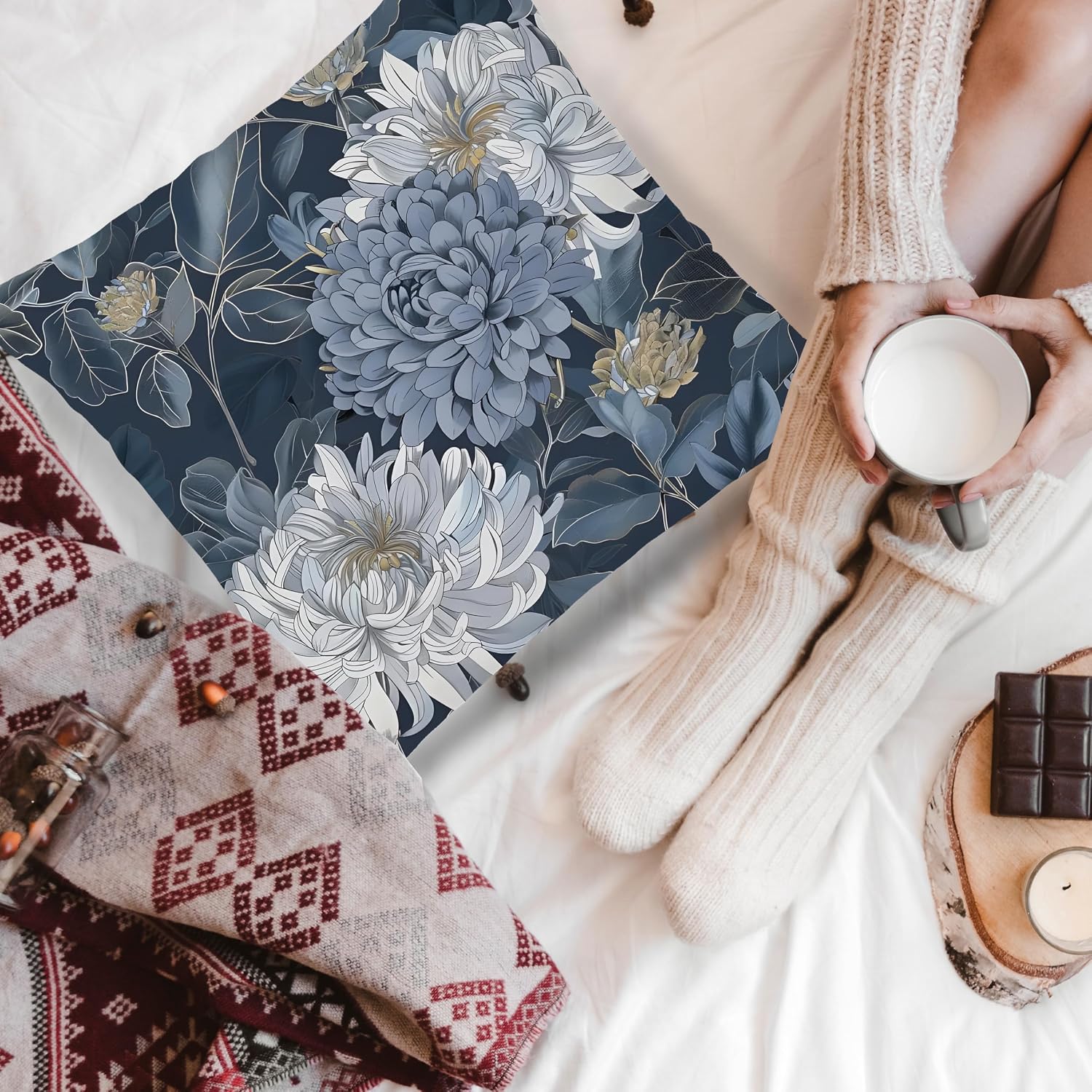 Vintage Floral Pillow Covers 18x18, Blue and White Floral Throw Pillow Covers for Couch Bed, Oriental Chrysanthemum Flower Pillow Covers for Bedroom Living Room, Floral Room Decor