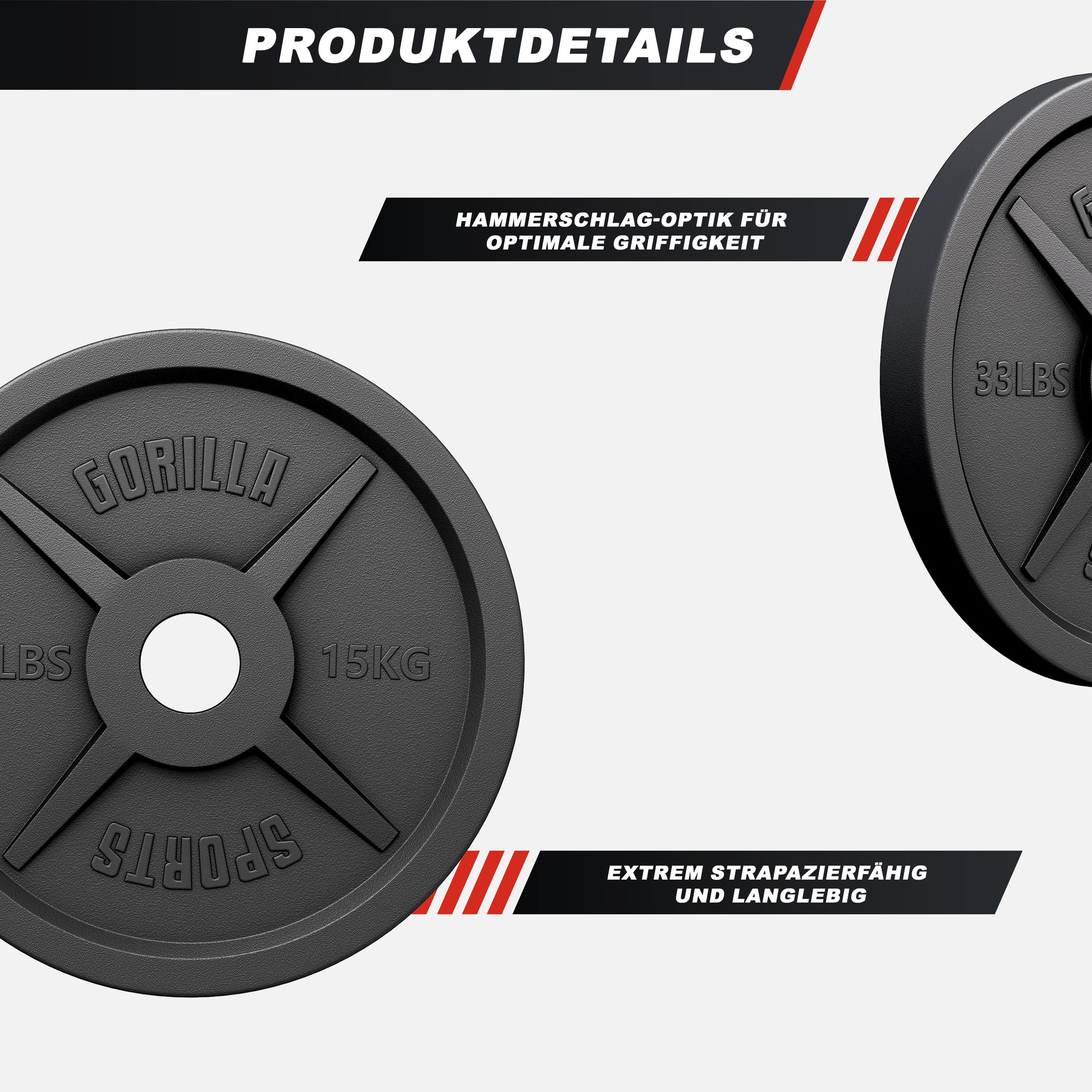 GORILLA SPORTS® Dischi Palestra - Set da 30 kg, Olimpici, Antiscivolo, Ghisa, Ø50/51mm - Pesi Bilanciere, Manubri, Bodybuilding, Peso, Olimpionici, Powerligitng, Palestra Casa, Fitness, Braccia