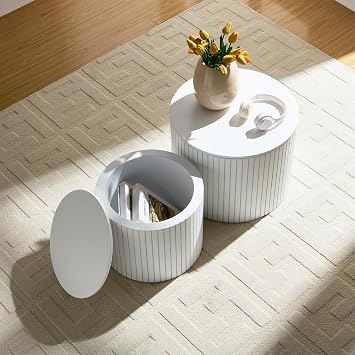 Round Nesting Coffee Table Set of 2, Wood Side Tables with Storage | Fluted Walnut Accent and End Tables Sets, Mid Century Modern, for Living room, bedroom, office, small spaces, White