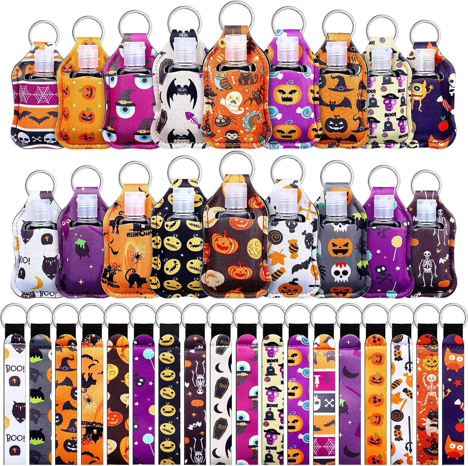 54 Pieces Empty Travel Bottles with Keychain Holder Set Include Portable Refillable Travel Bottle Container Reusable Neoprene Bottle Holders Wristlet Keychain (Halloween Style)
