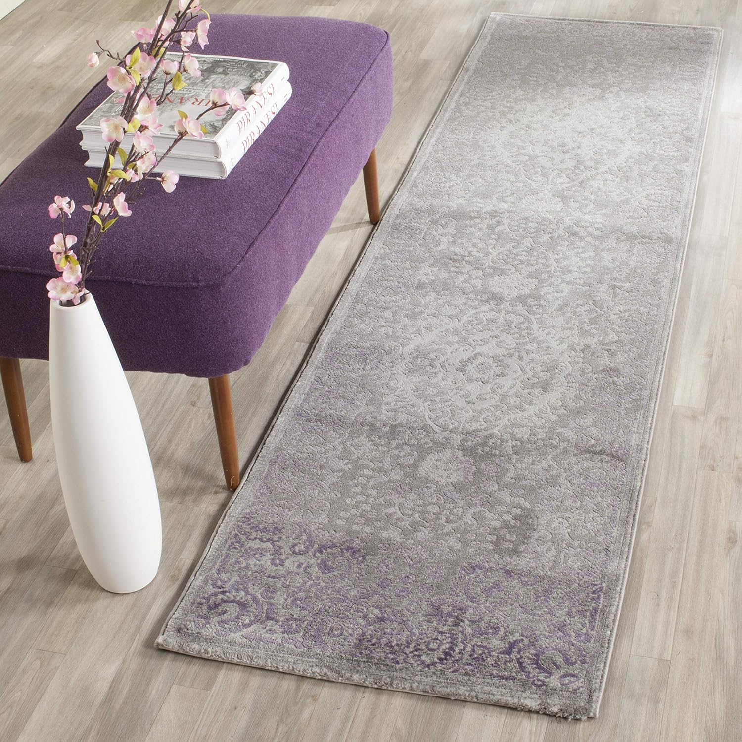 SAFAVIEH Passion Collection Runner Rug - 2'2" x 8', Grey & Lavender, Vintage Distressed Design, Non-Shedding & Easy Care, Ideal for High Traffic Areas in Living Room, Bedroom (PAS402G)