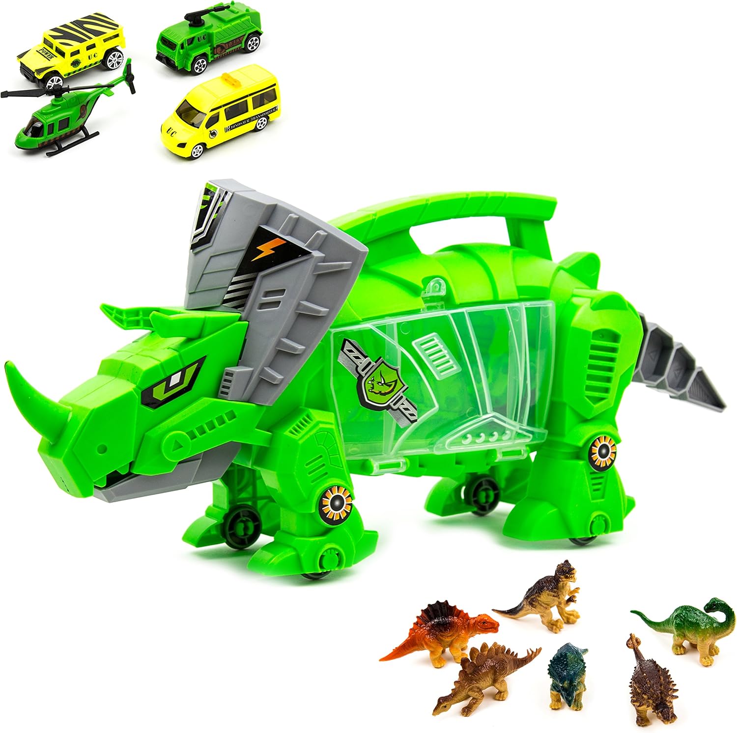 Toysery Dinosaur Toy Storage Carrier for Kids, Portable Jurassic World Toy Organizer with Built-in Carrying Handle and Wheels, Includes Mini Dinosaurs and Car Toys Inside for Toddler Boys and Girls
