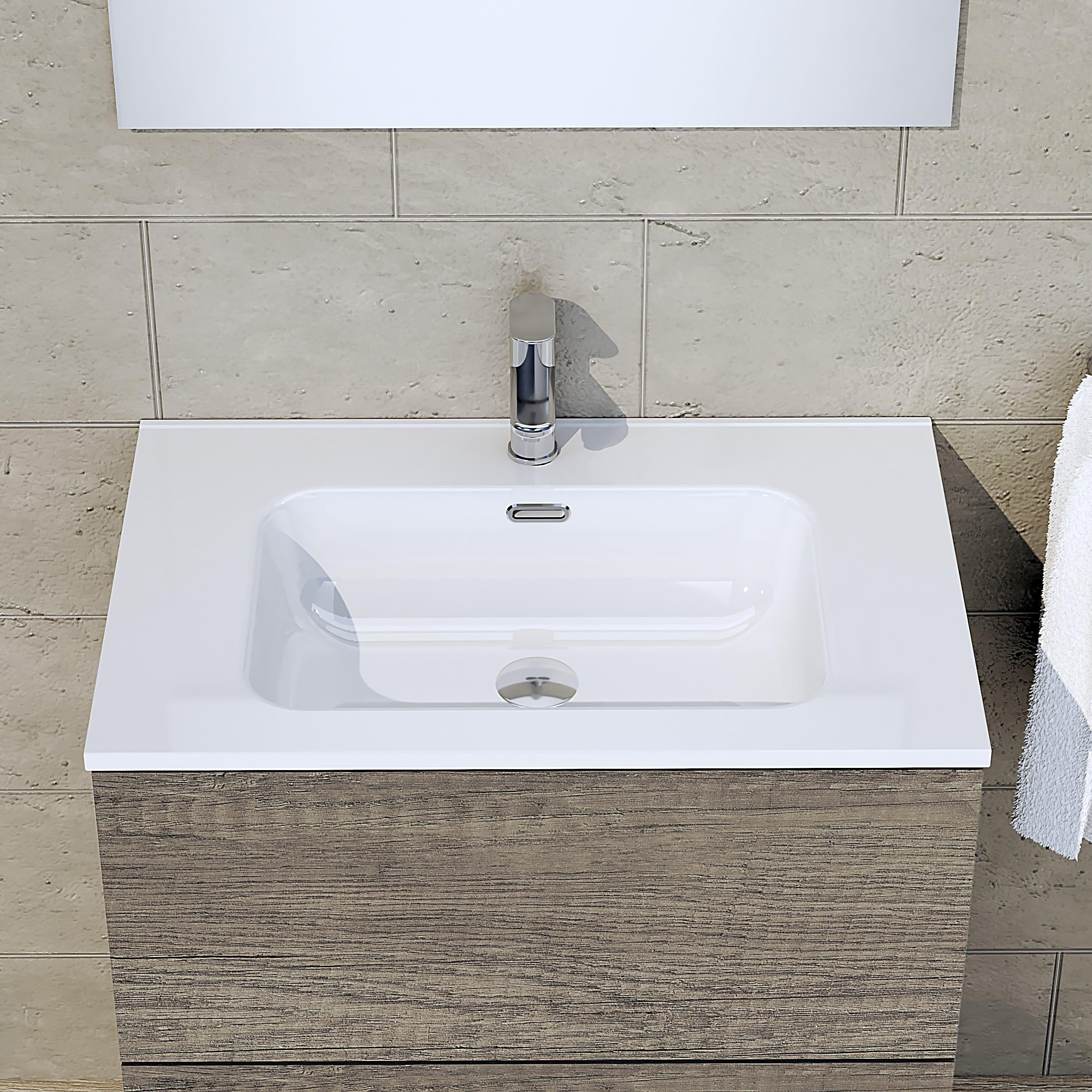 BAIKAL Lavabo en céramique encastré. Plateau en céramique. Lavabo rectangulaire blanc brillant. Lavabo encastré facile à monter. Profondeur 39 cm/Largeur 71 cm