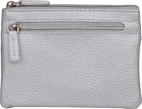 Julia Buxton Womens RFID Blocking Vegan Leather Wallet with Zipper, ID Windows, Card Slots & Key Ring | Compact Coin & Card Holder Case, Silver
