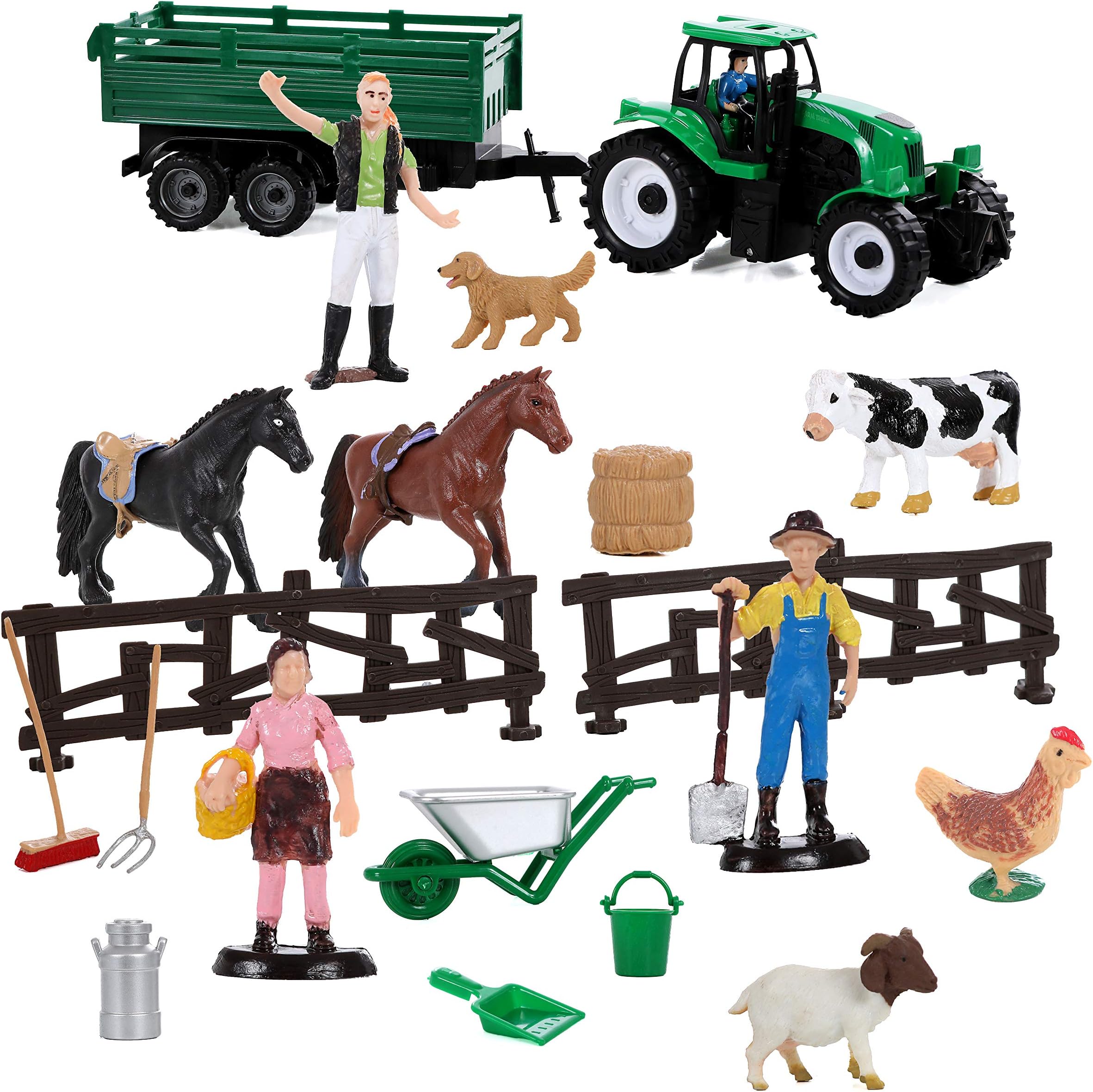 Migration Play Farm Toys 20 Piece Toy Farm Animals Set, Animal Pen, Horses, Cows, Sheep, People, Farm Tools Farm Equipment Accessories
