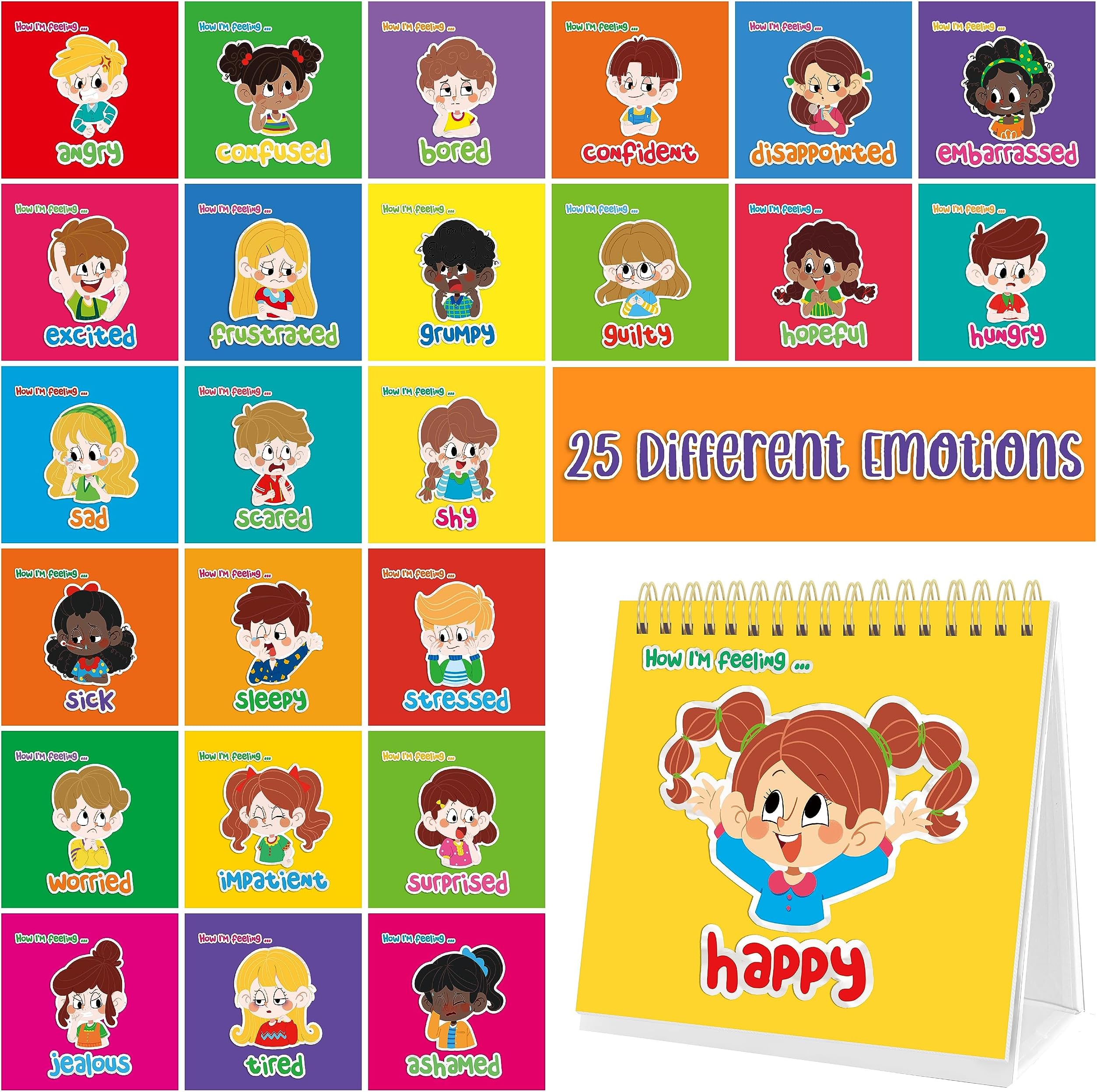 Emotions Flip Chart, 25 Different Feelings with Coping Skills-Learn to Identify Various Moods, Cartoon Faces Emotions for Kids with Autism, ADHD -Emotion Flipbook for Therapy, Home Use
