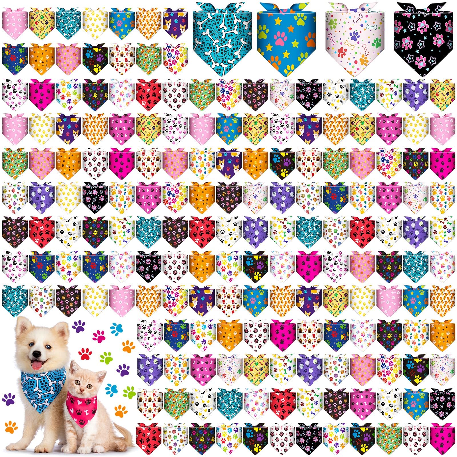 Aliceset Lot de 180 bandanas en vrac pour chien - Bandanas réglables et lavables en forme de patte - Écharpe triangulaire arc-en-ciel mignonne pour animaux de compagnie - Accessoires de costume et
