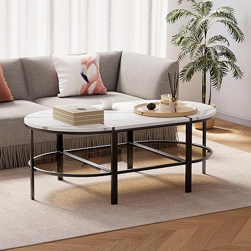ODIKA Mesa de centro ovalada de mármol de 3 piezas, juego de mesa auxiliar redonda para sala de estar, mesa de centro pequeña y moderna