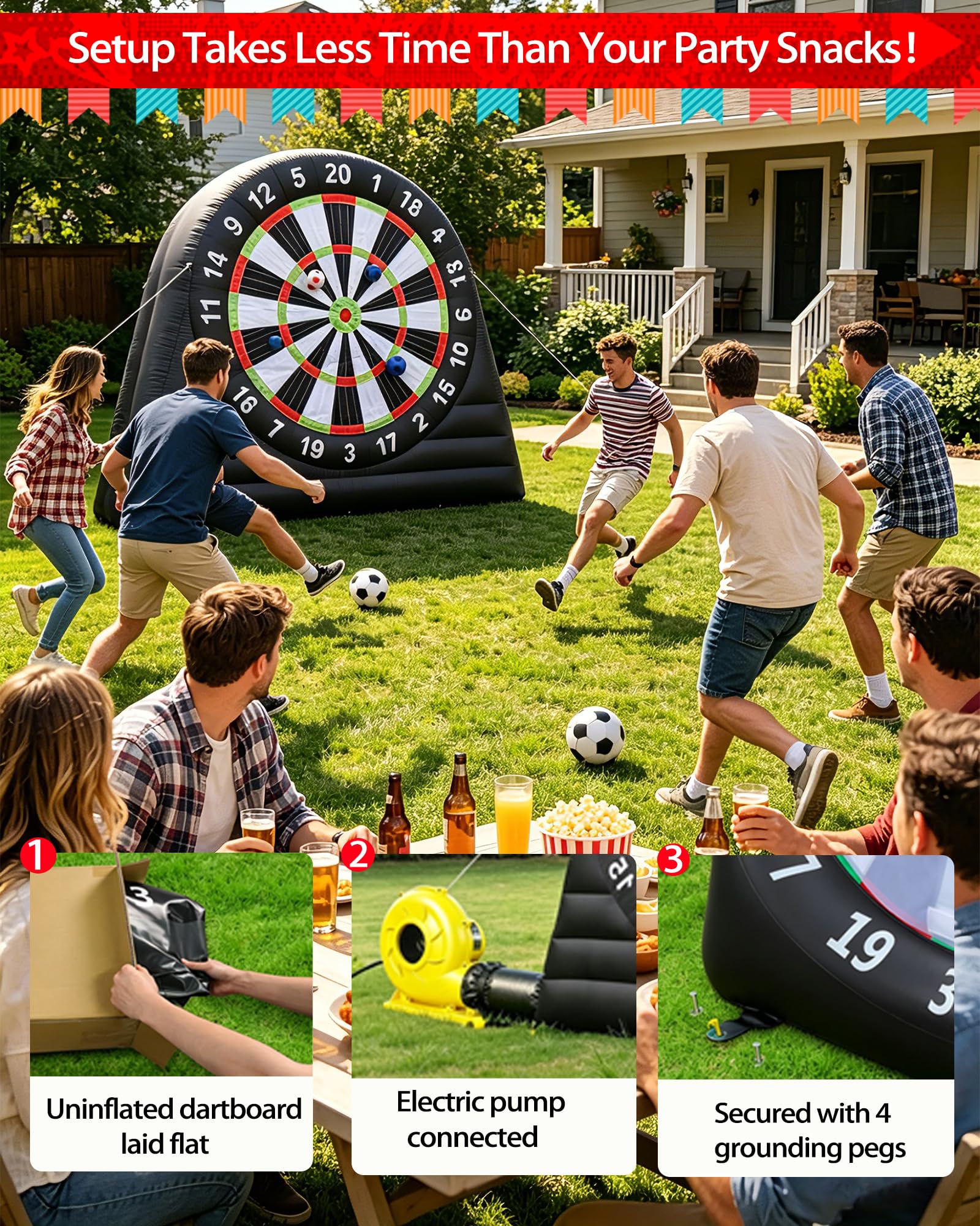 Tavola da freccette da calcio gonfiabile con ventilatore da 370 W e 8 palline gonfiabili per sport all'aria aperta, gioco di freccette con grande bersaglio e gioco di freccette da giardino