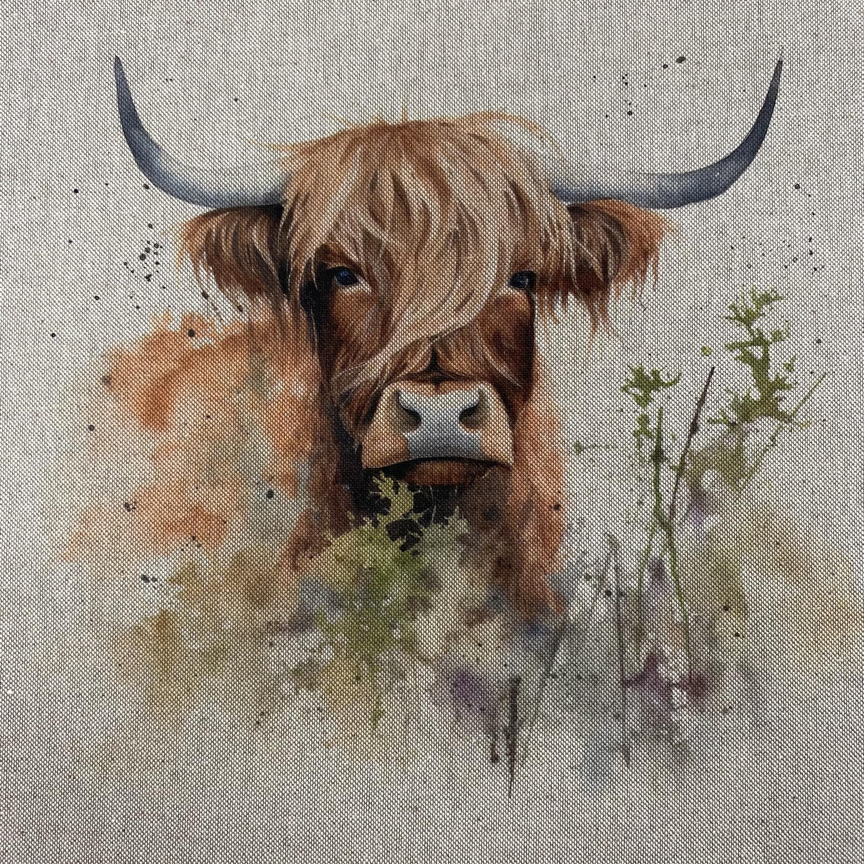 Highland Cow - Linen Look Digital Print Fabric Panel 18” Square 45cm - Per Panel - Select Design (Design 2)