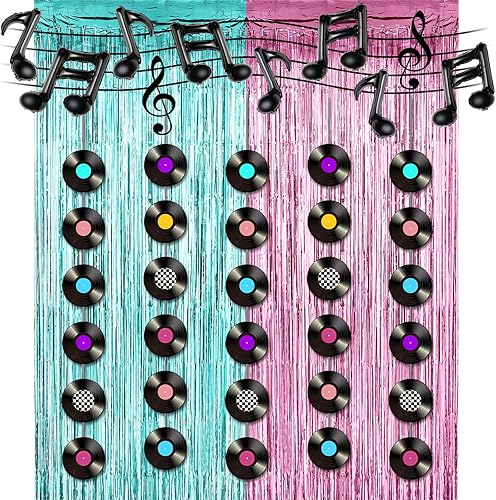 18 piezas de decoración musical de los años 50, guirnaldas de discos retro, serpentinas, cortinas con flecos, notas musicales, globos para fotos,