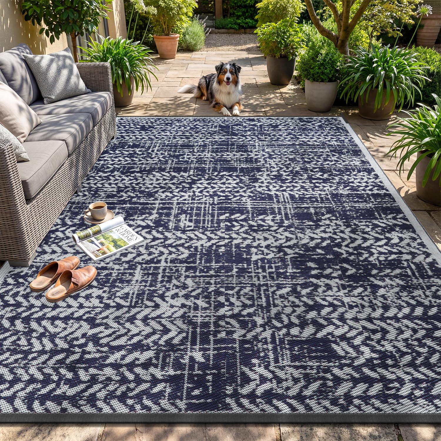 Photo 1 of MontVoo Outdoor Rug 8x10 Waterproof-Patio Rug Mat Outdoor RV Camping Picnic Beach Mat Plastic Straw Rugs Outside Outdoor Area Rugs for Balcony Deck Backyard Navy Blue