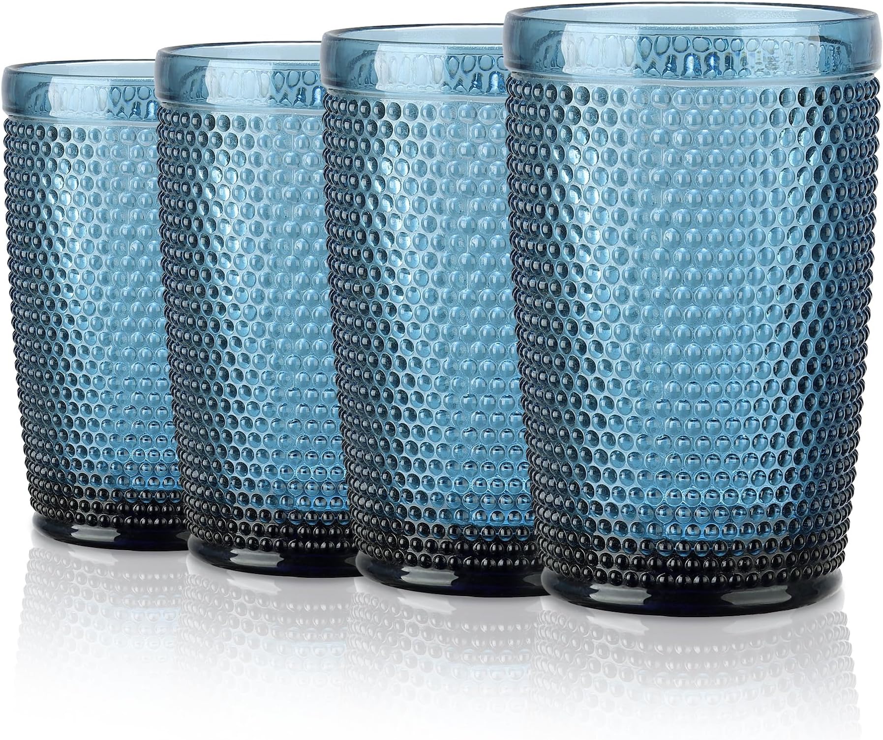 Joeyan Highball Drinking Glasses Set of 4, 350ml Embossed Water Glasses Cups Colored Bubble Tumbler Glasses Ribbed Glassware Set for Cocktail Soda Juice Beverage, Blue