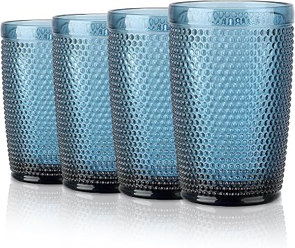 Joeyan Highball Drinking Glasses Set of 4, 350ml Embossed Water Glasses Cups Colored Bubble Tumbler Glasses Ribbed Glassware Set for Cocktail Soda Juice Beverage, Blue