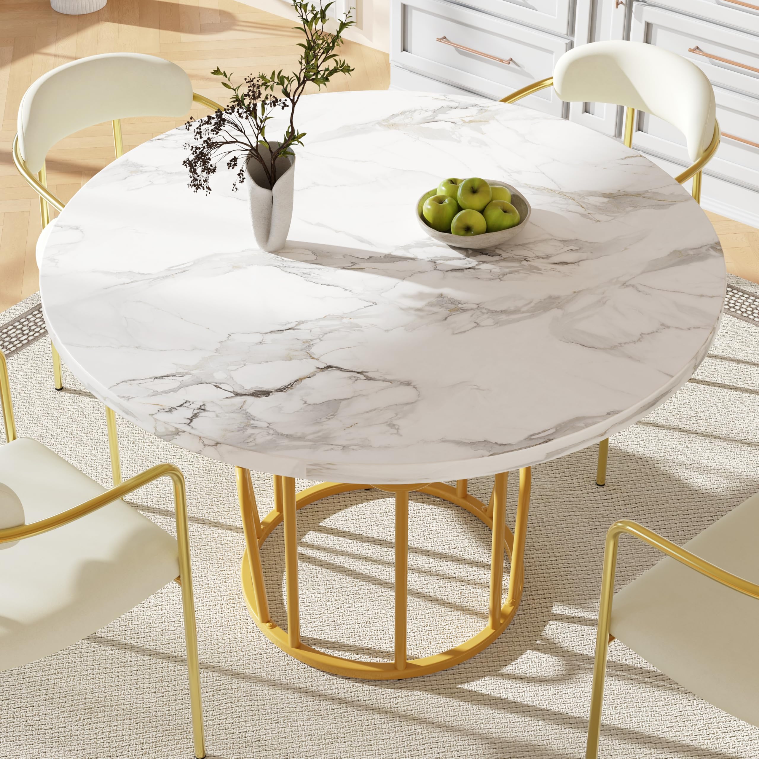 Okrągły stół do jadalni 80 x 80 x 76 cm marmurowy blat MDF regulowany złoty nogi idealny dla 4-6 osób eleganckie meble kuchenne i salon nowoczesny design złote akcenty