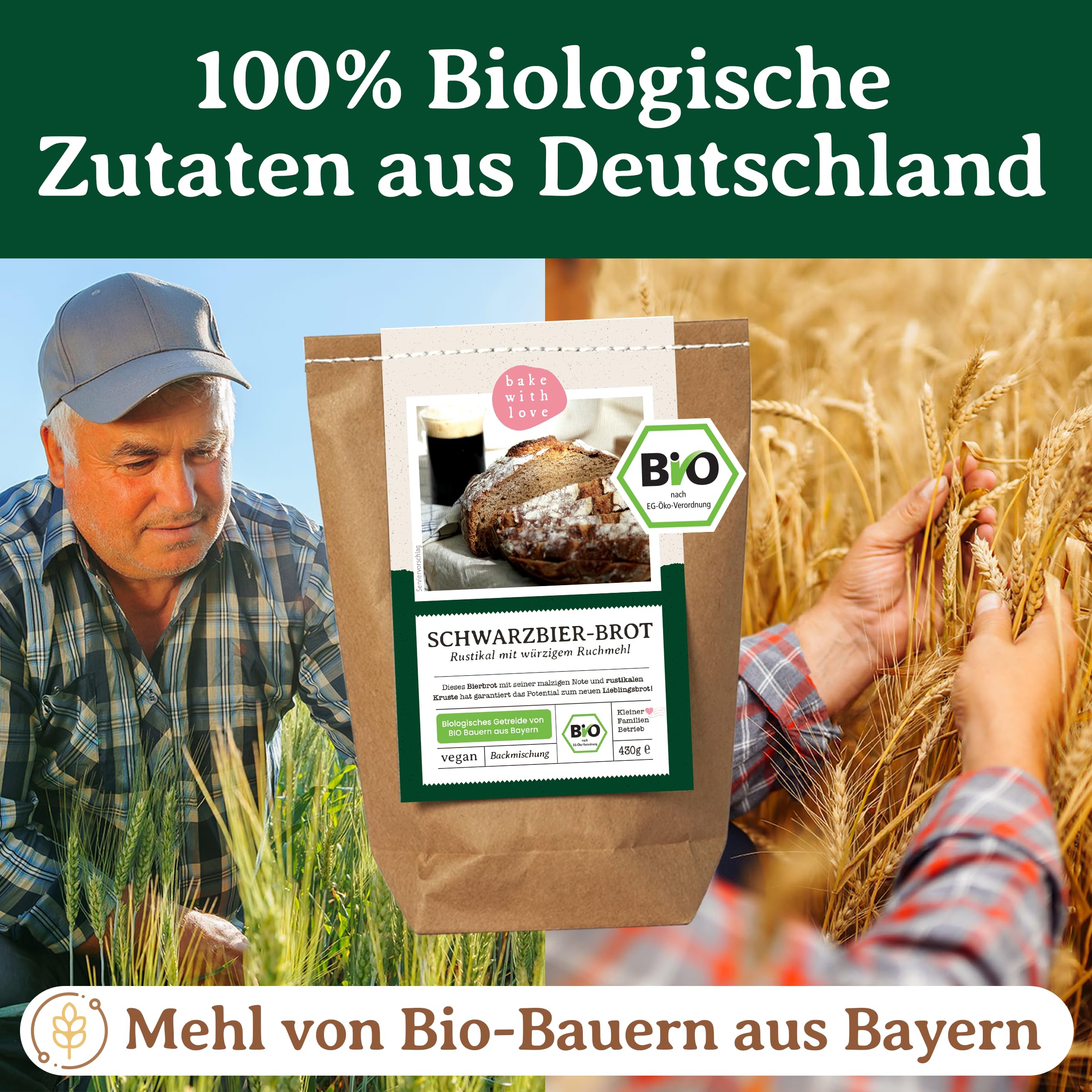 Bio Schwarzbier-Brot Brotbackmischung - Backmischung für Bierbrot - Bier Männergeschenk - Brotbackautomat geeignet - Bake with Love - (10er Pack)