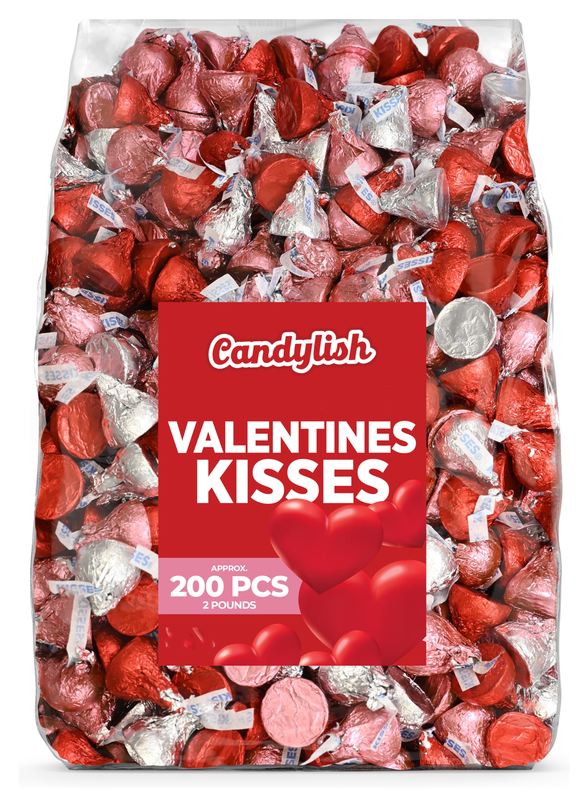 Valentine's Kisses Chocolate Candy, Valentine's Colors, 2 lb Bag (Approx. 200 Pieces), Red, Pink, Silver Foil