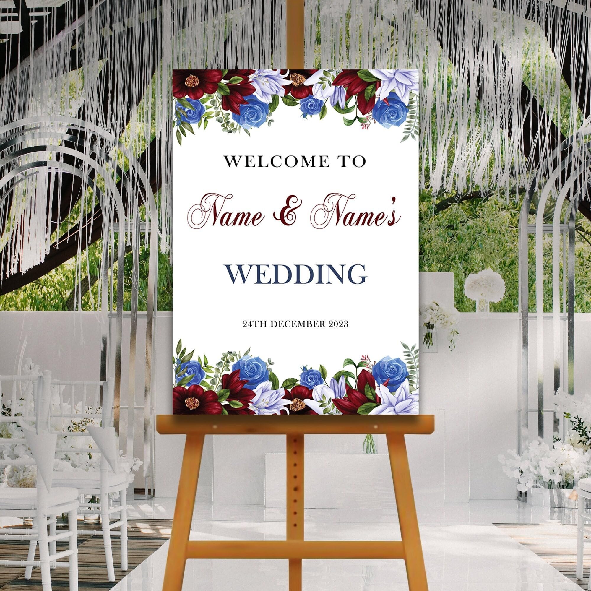 RED Blue Floral Wedding Welcome Sign, Wedding Sign, A1, A2, A3 or A4, Wedding Décor, Welcome Wedding Poster, Large Welcome Sign,Printed Sign