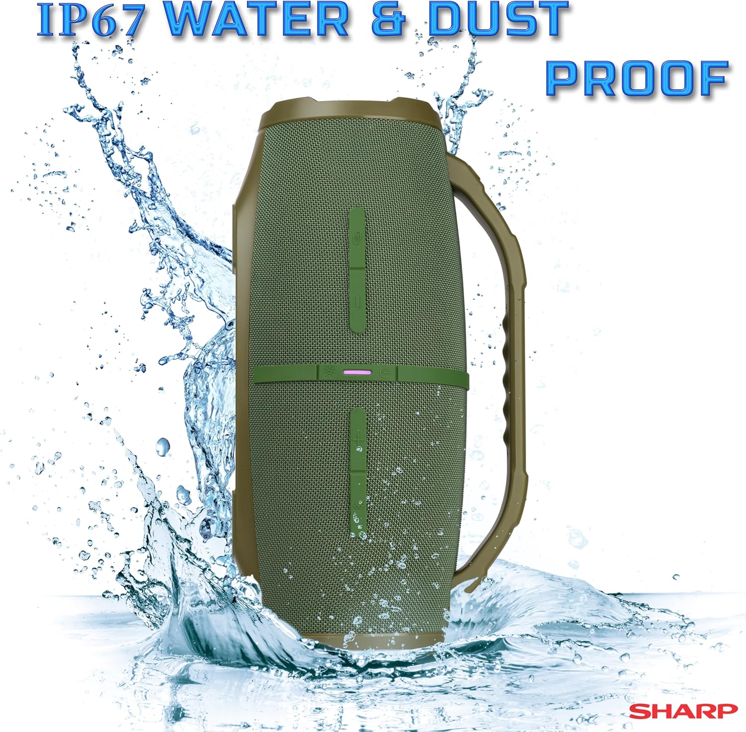 Sharp GX-BT490 Bluetooth Speaker with DSP Technology | Waterproof IP67 | 10 Hour Playtime | Light Effects | 120W Max Power with Deep Bass | True Wireless Pairing | Hands-Free Calling | Strap | Green