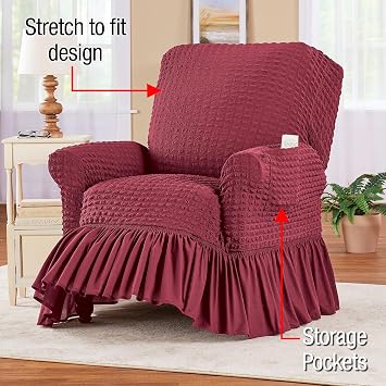 Collections Etc Textured Squares Ruffled Slipcover Beige Recliner