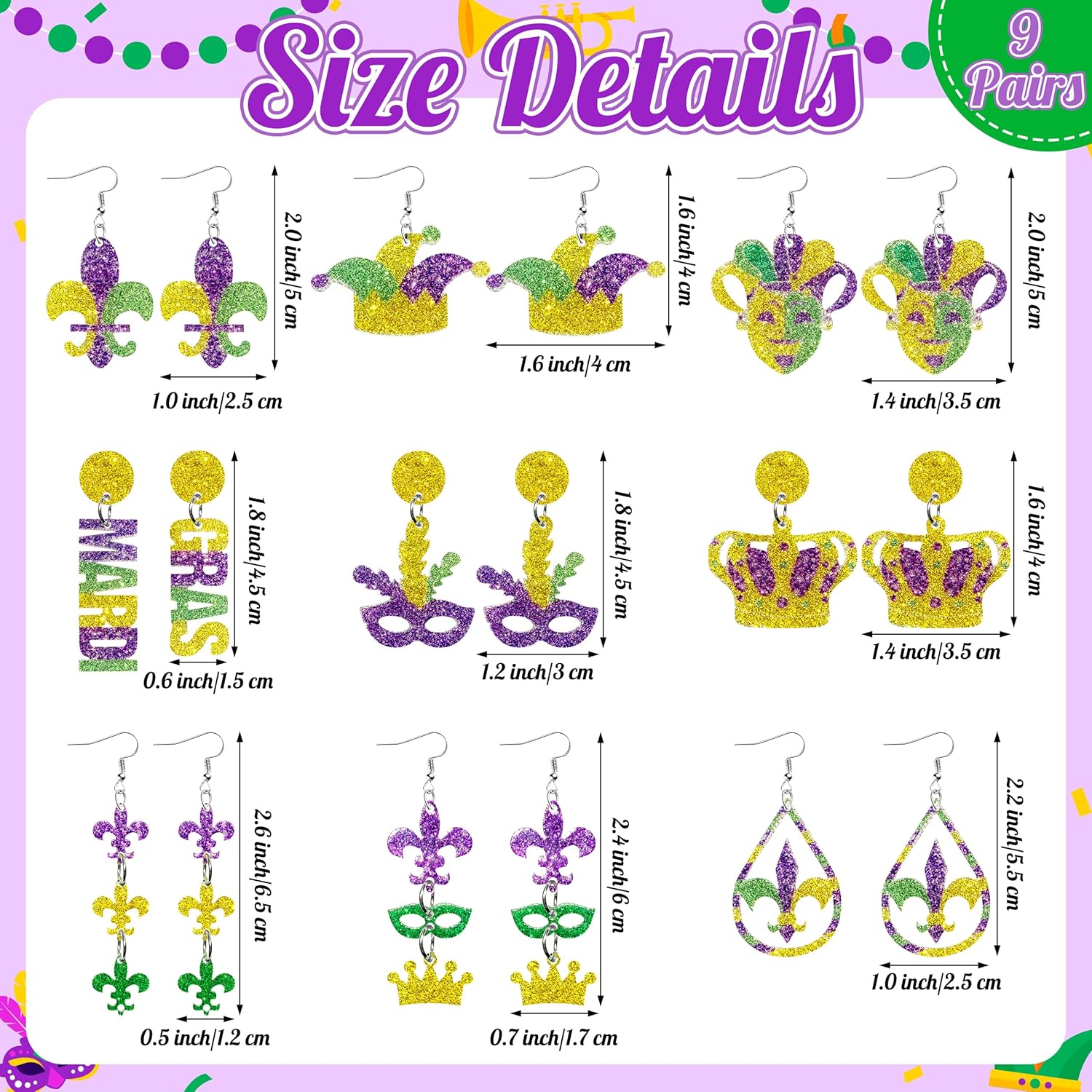 Y1tvei Mardi Gras Glitter Earrings - 9 Pairs Sparkly Feather Mask Letter Beaded Earrings Carnival Dangle Drop Acrylic Stud Ear Hook Fat Tuesday Celebrations Ear Decoration Gift for Women Holiday Party - Image 4