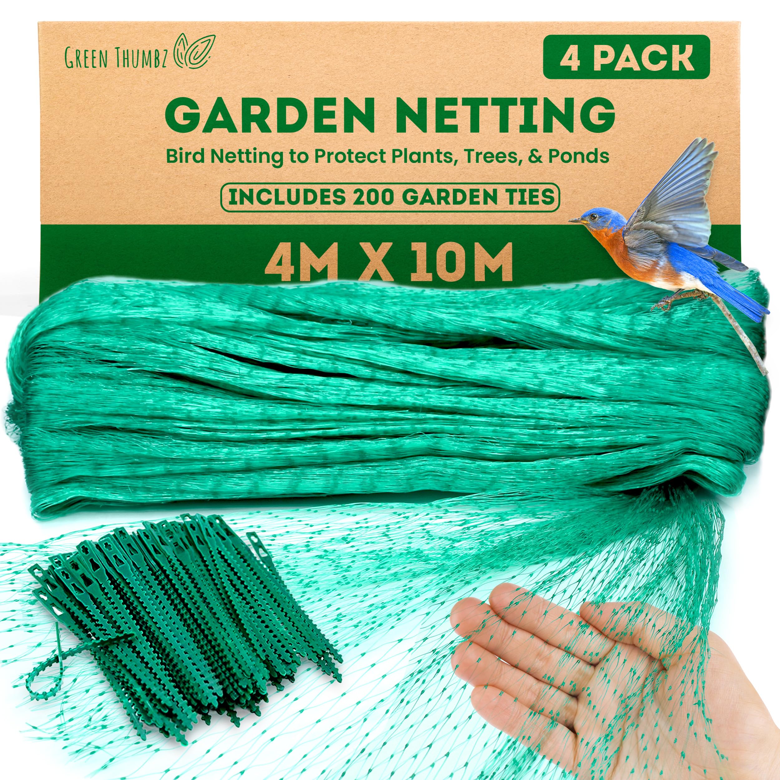 Garden Netting - 4 Pack Fully Stretched Anti Bird Netting - (4M x 10M) Bird Netting for Plants, Fruit, Seed and Pond Protection (50 Garden Ties Included)