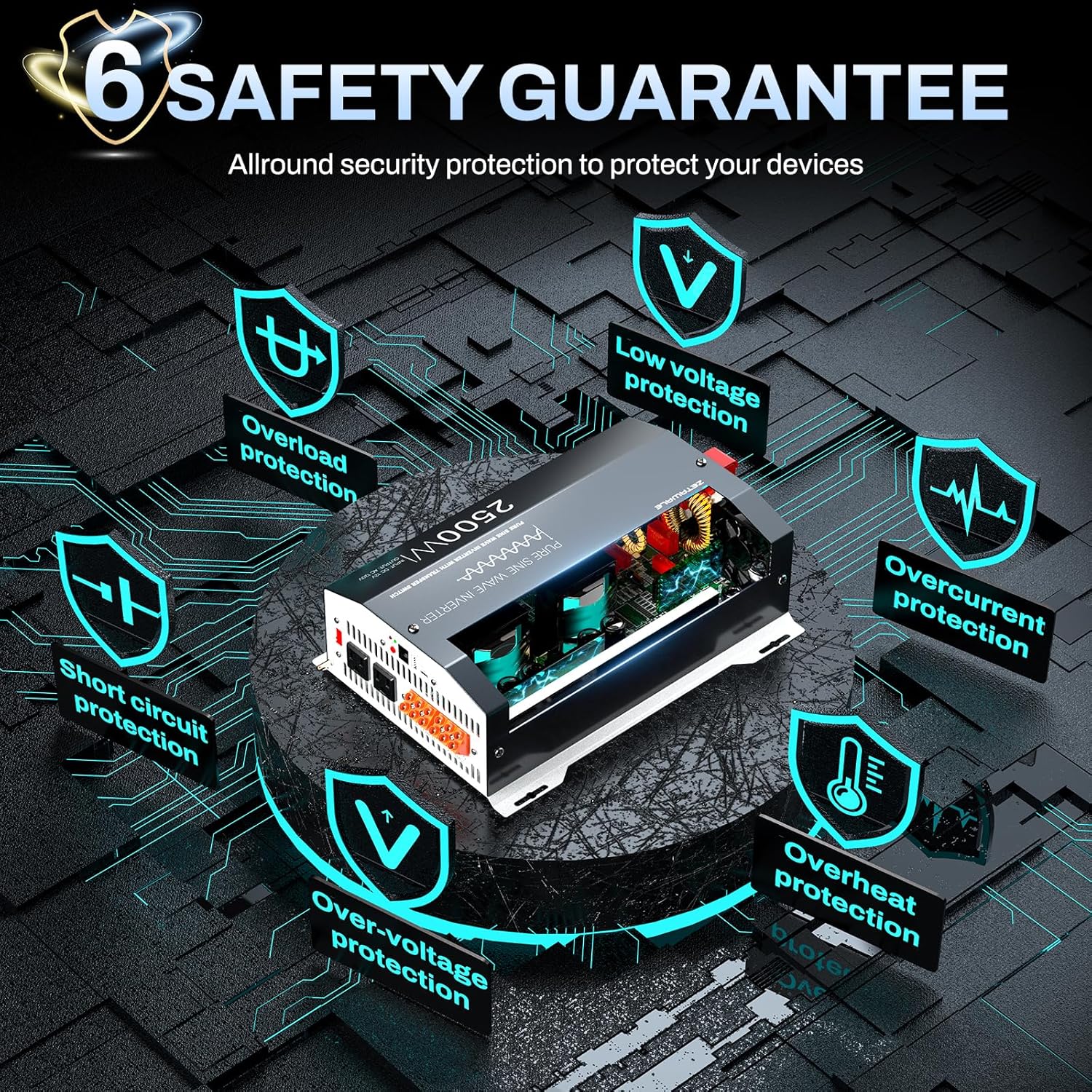 2500W Pure Sine Wave RV Inverter with Built-in ATS, 12V DC to 110V/120V AC Converter, 5000W Peak, Shore Power Automatic Bypass, 2 AC Outlets, USB & Type-C, LCD Remote Control