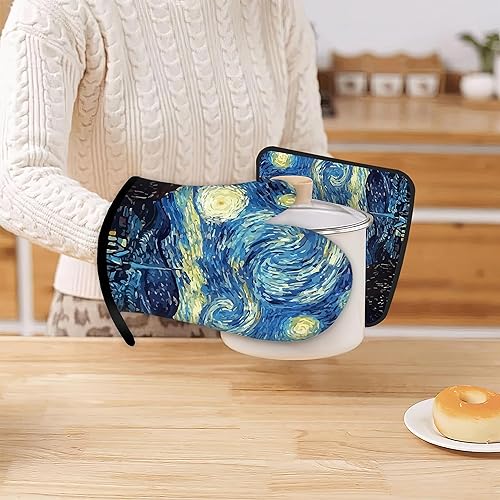 Miniatura 6 de The Starry Night - Guantes de cocina y soportes para ollas de cocina, juego de 2 piezas, almohadillas resistentes al calor para hornear, barbacoa,