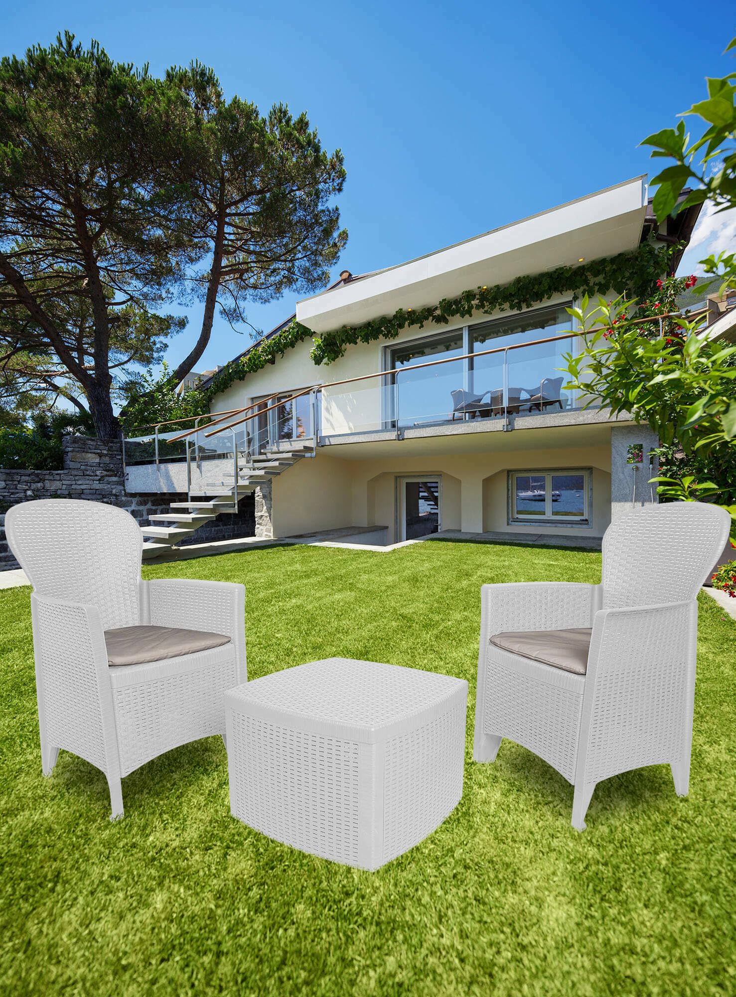 Dmora - Set salotto da esterno Napoli, Composizione da giardino con 2 poltrone ed 1 tavolino contenitore, Salottino effetto rattan, 100% Made in Italy, Bianco