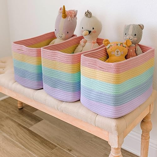 Miniatura 4 de OrganiHaus - Juego de 3 canastas con diseño de arcoíris para almacenamiento, canastas tejidas para organización, decoración pastel, guardar