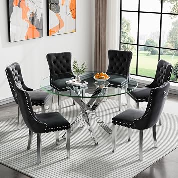 Round Glass Dining Table Set for 6, Small Kitchen Table Set for 6, 47" Round Glass Table and Black Upholstered Velvet Chairs Set of 6, 7 Piece Round Dining Room Table Set for Breakfast Dinette Cafe