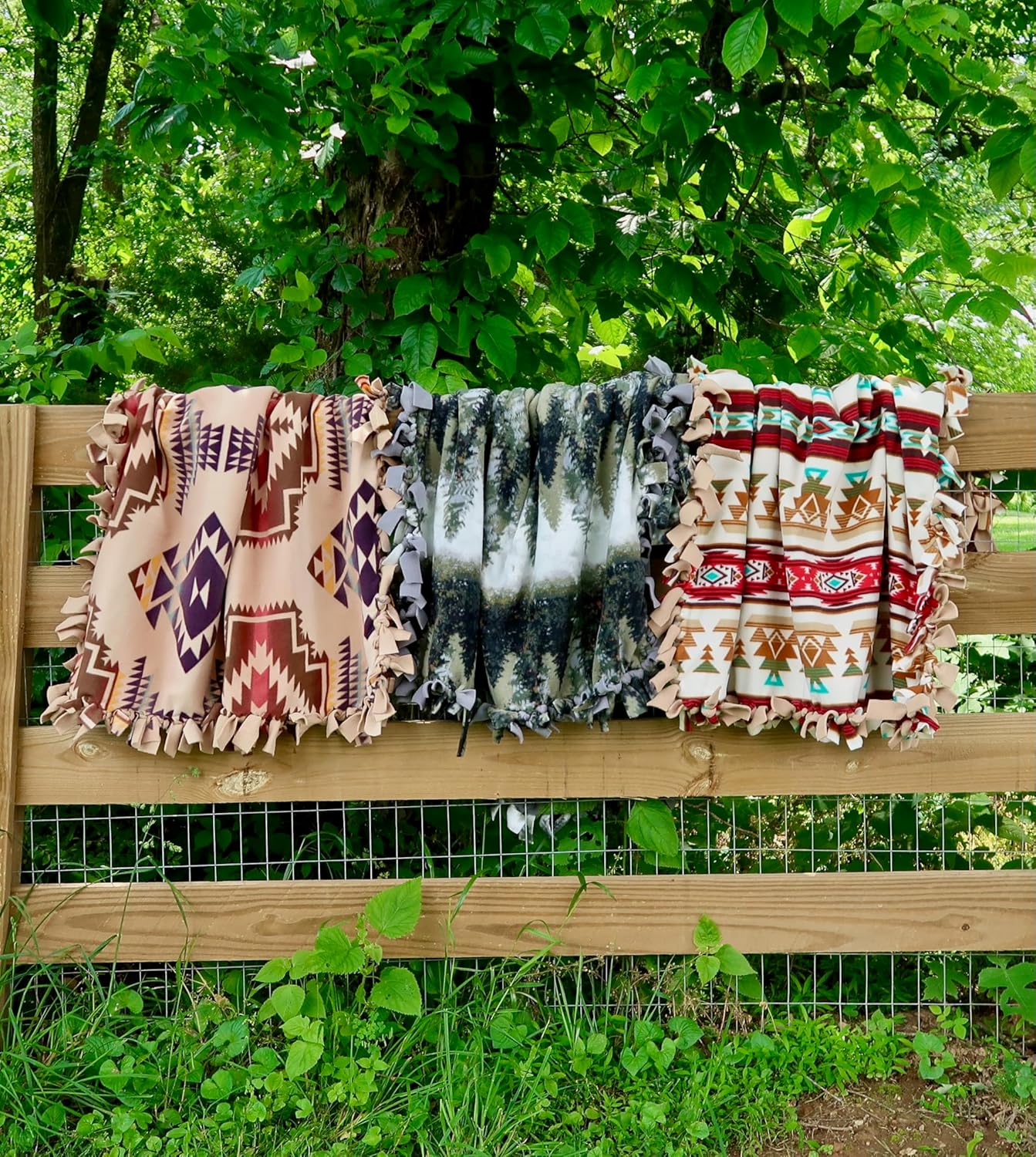 Handcrafted Adult XL Size Finished Tie Blanket (84" L x 46" W), Premium Anti-Pill Plush Fleece No-Sew - Sunset Canyons Print with Solid Camel Backing