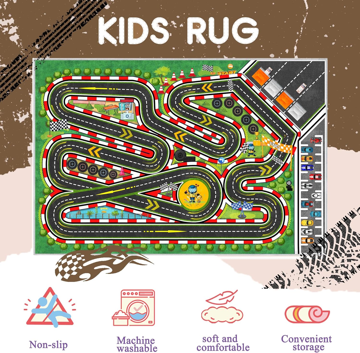 Kids Racing Rug 39''x59'' Car Road Kid Rug Carpet Playmat for Playoom Traffic Road Kid Play Mat for Bedroom，Kids Educational City Traffic Road map Fun Carpet (Green)