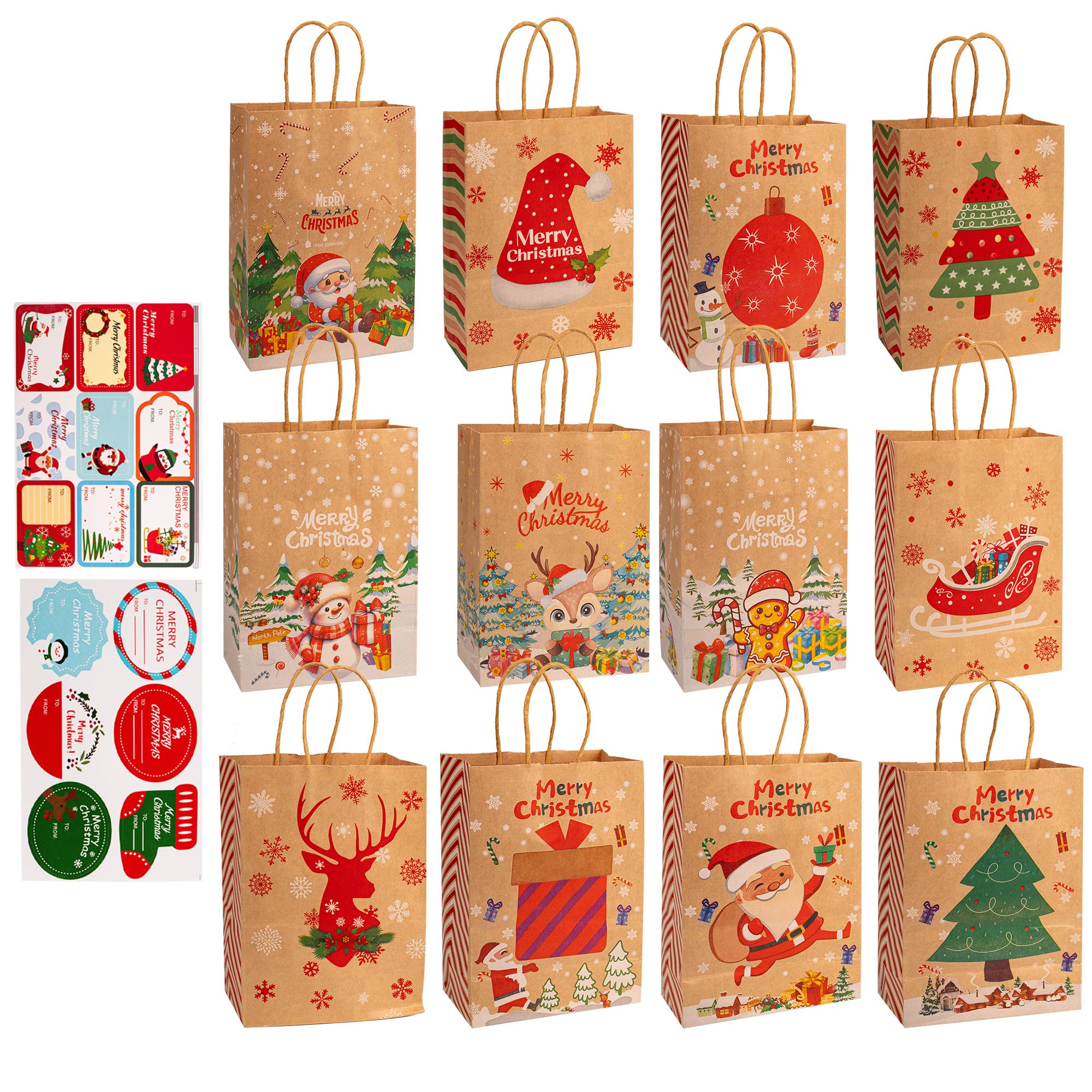 12pcs Small Christmas Paper Gift Bags 15x21cm Kraft Xmas Gift Wrapping Bag with Tags Handle, Gift Bags for Christmas Party Presents Xmas Goody Treat Sweet Candy Favors Bag for Kids Adults โ image 1