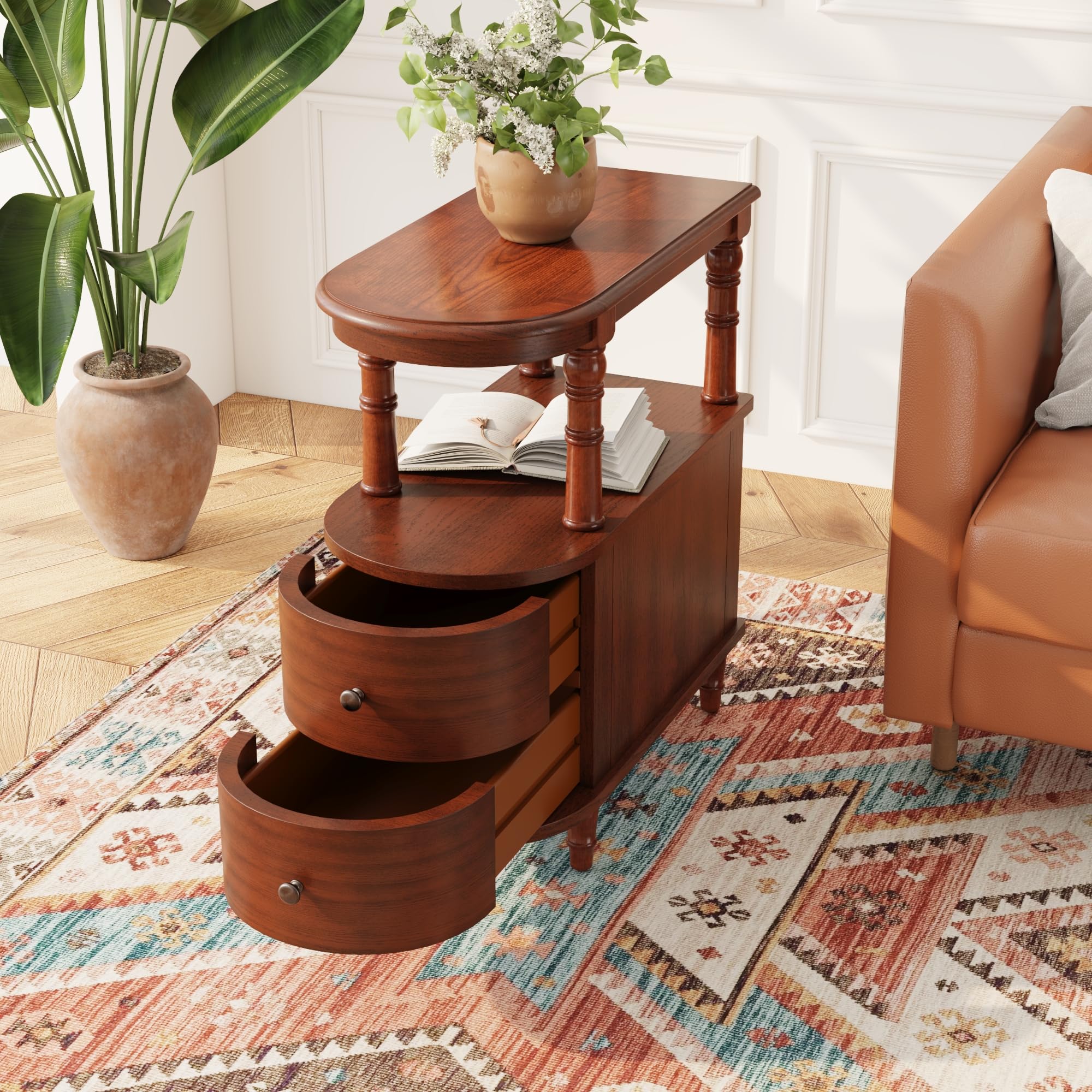 Holz Beistelltisches mit 2 Schubladen und Ablage, Schmaler Sofa Beistelltisch für Wohnzimmer, Vintage Slim Nachttisch Nachttisch für Schlafzimmer, Schlanker Stuhl Beistelltisch Kirschbaum MG