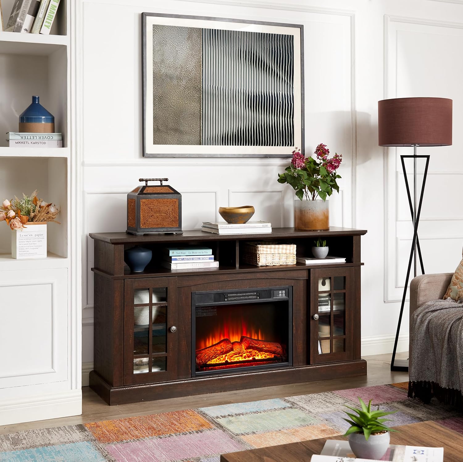 58.25" W x 15.75" D x 32" H Modern Entertainment Console with 23" Fireplace Insert for TV Up to 65", Espresso