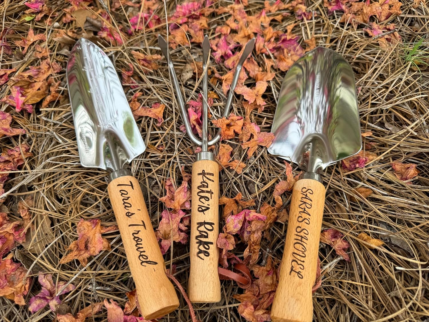 Personalized Garden Tools Gift Set for Gardeners - Custom Gardening Wooden Shovel, Trowel, & Rake with Bag
