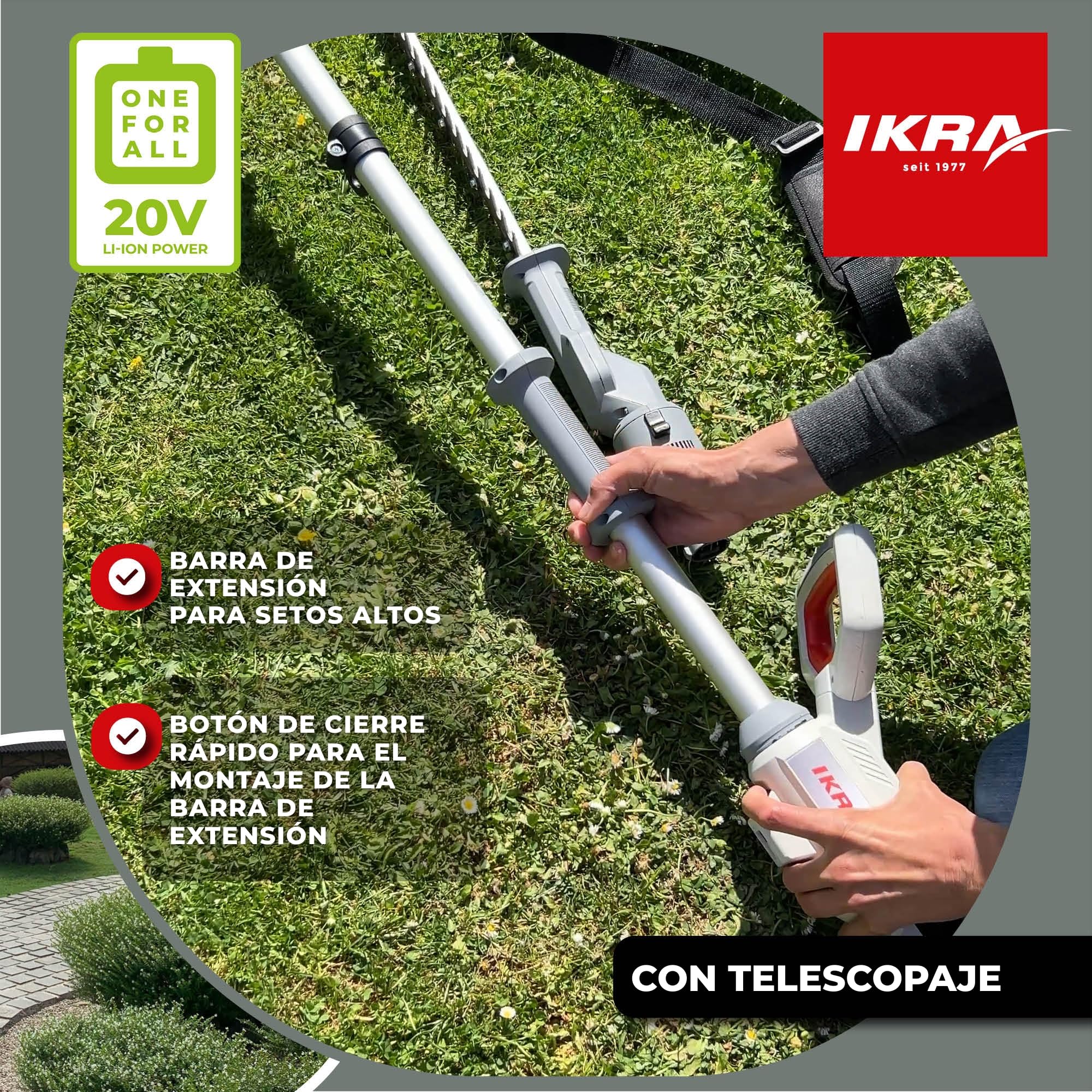 IKRA Cortasetos a batería 2en1 ICPH 2050 con Barra telescópica | Incluye batería de 20V 2Ah y cargador, 2 en 1: conversión rápida a cortasetos telescópico, gama de baterías de 20 V de IKRA