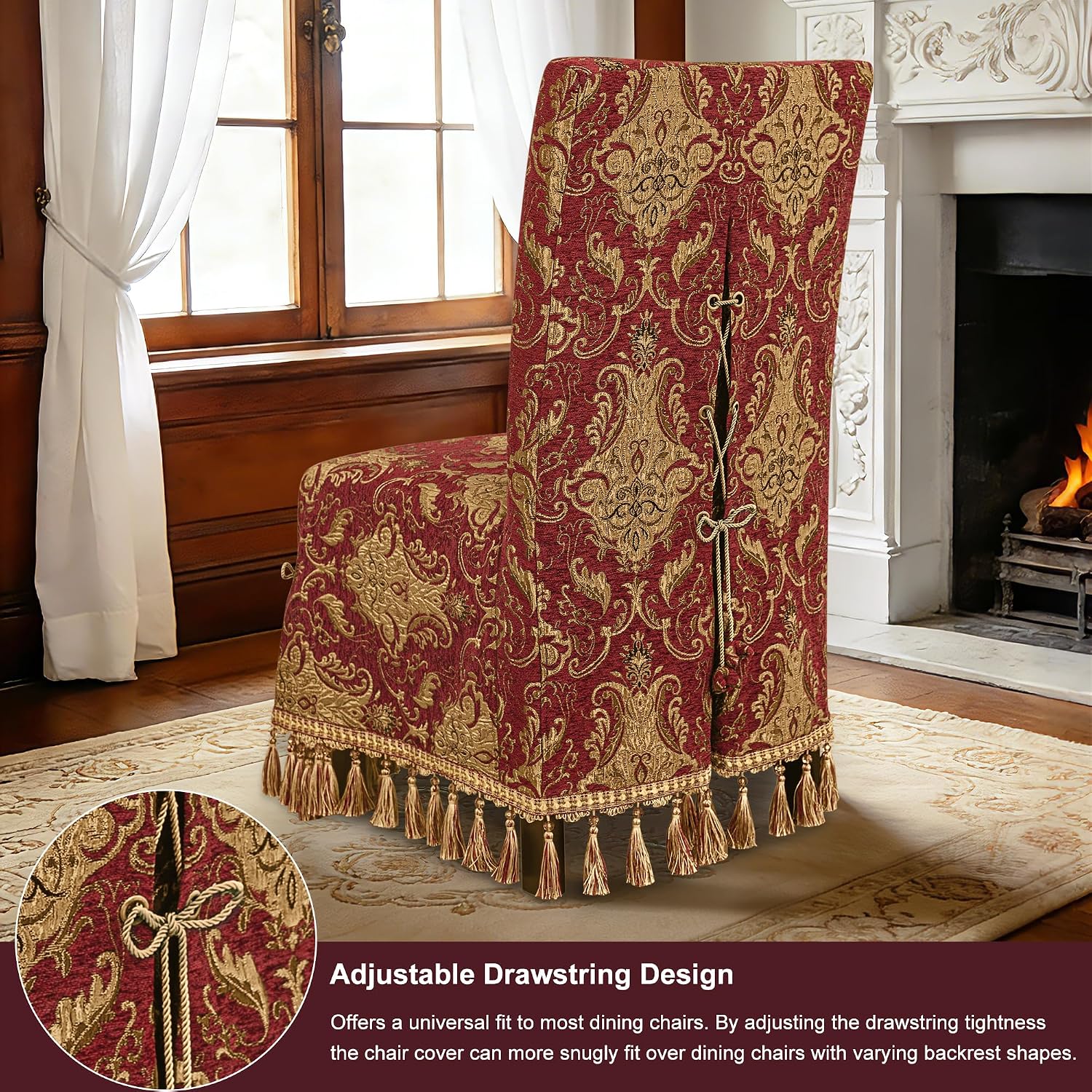 Loom and Mill 1 Piece Luxury Damask Jacquard Dining Chair Cover, Red